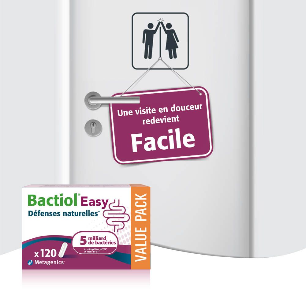 Emballage Bactiol Easy devant une porte de toilette. Inscription : Une visite en douceur redevient facile.