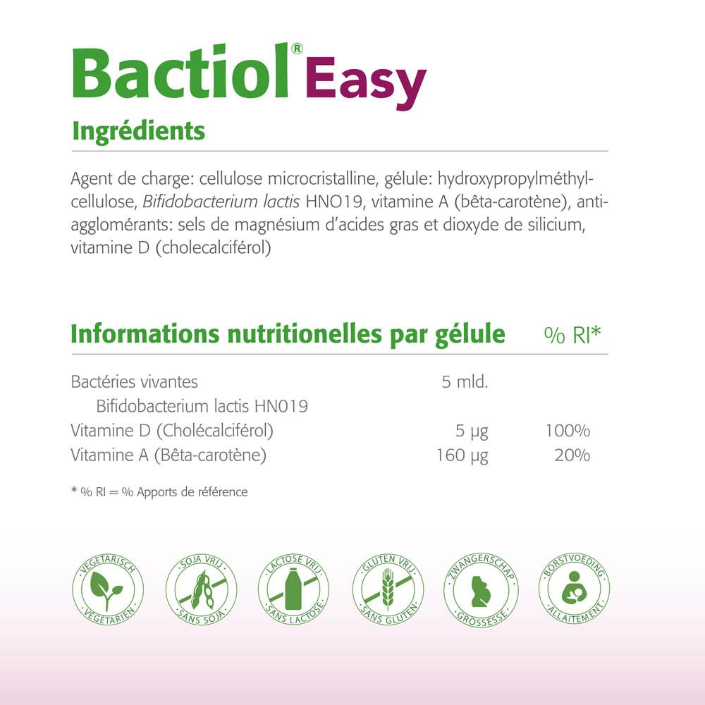 Informations nutritionnelles de Bactiol Easy. Contient des bactéries vivantes, de la vitamine D et de la vitamine A. Avec logos.