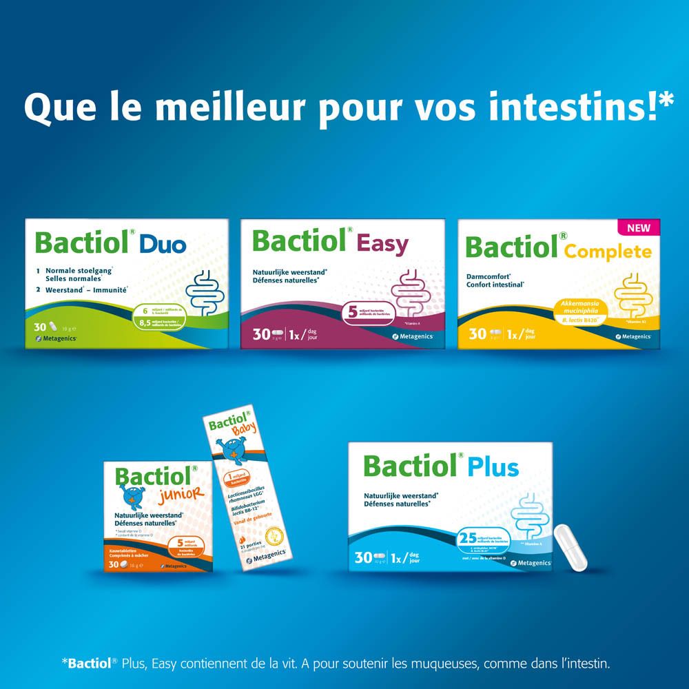 Différents produits Bactiol : Duo, Easy, Complete, Junior, Plus. Tous avec le logo Bactiol.
