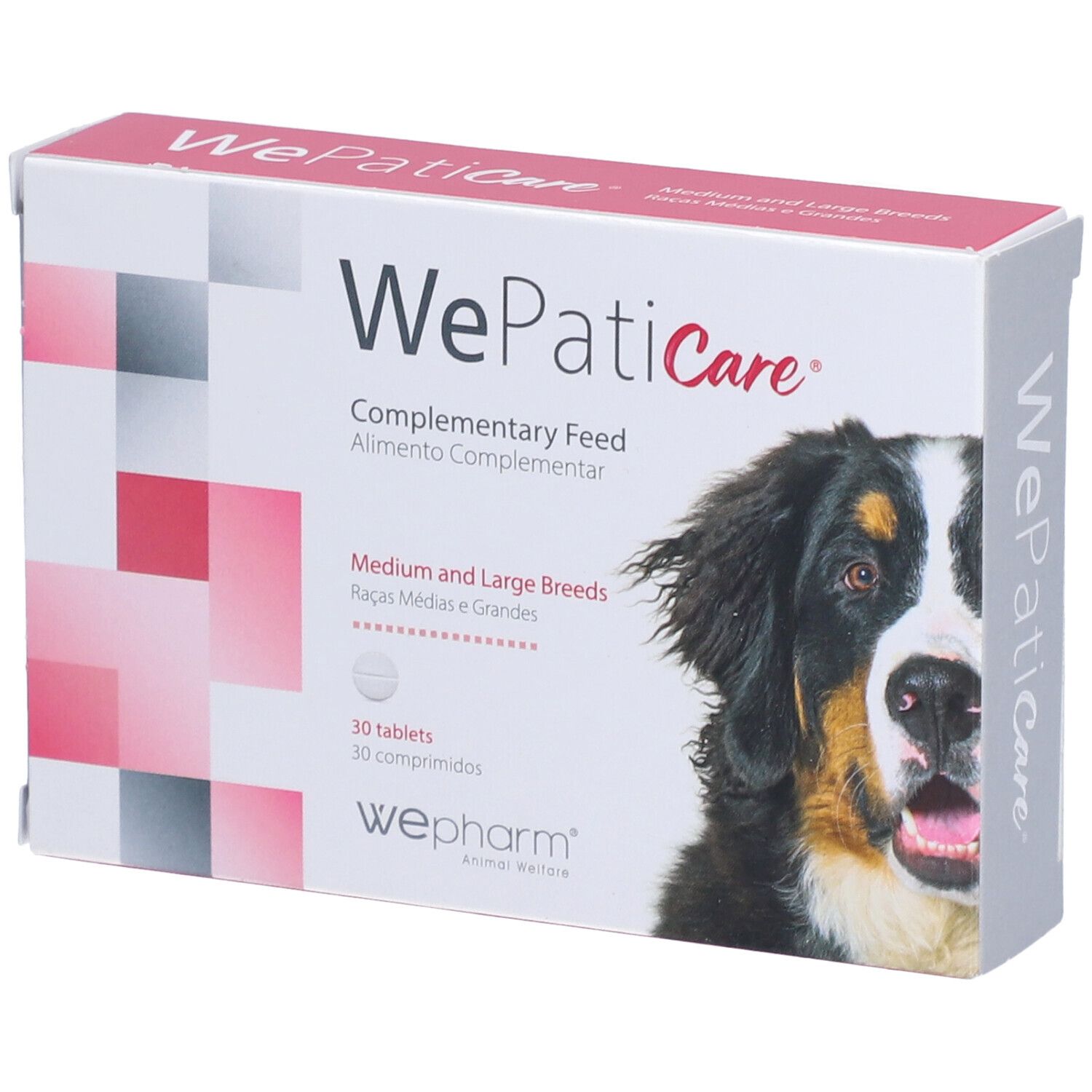 Boîte de comprimés "WePatiCare" pour chiens de races moyennes et grandes. 30 comprimés. Logo Wepharm.