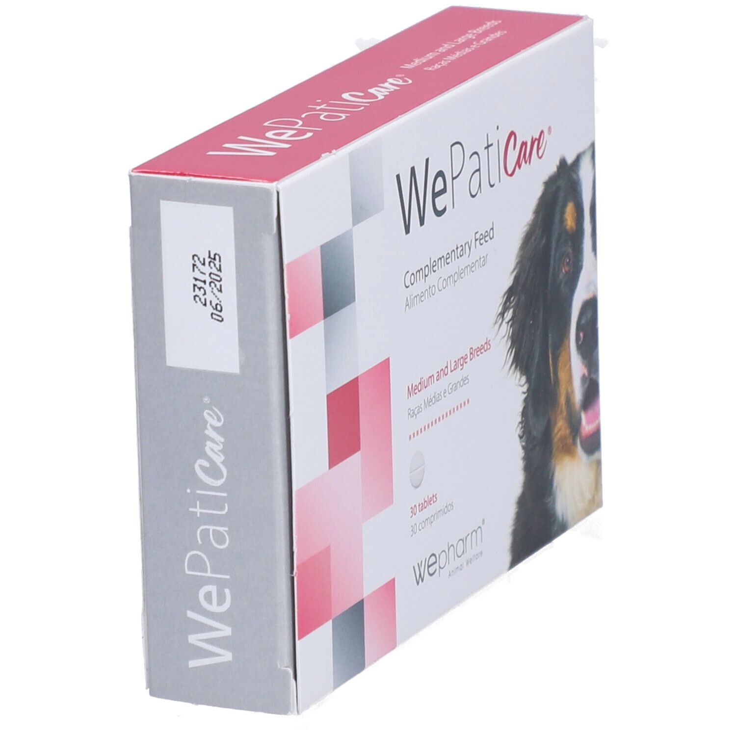 Boîte "WePatiCare". Contient 30 comprimés. Date de péremption 06/2025.