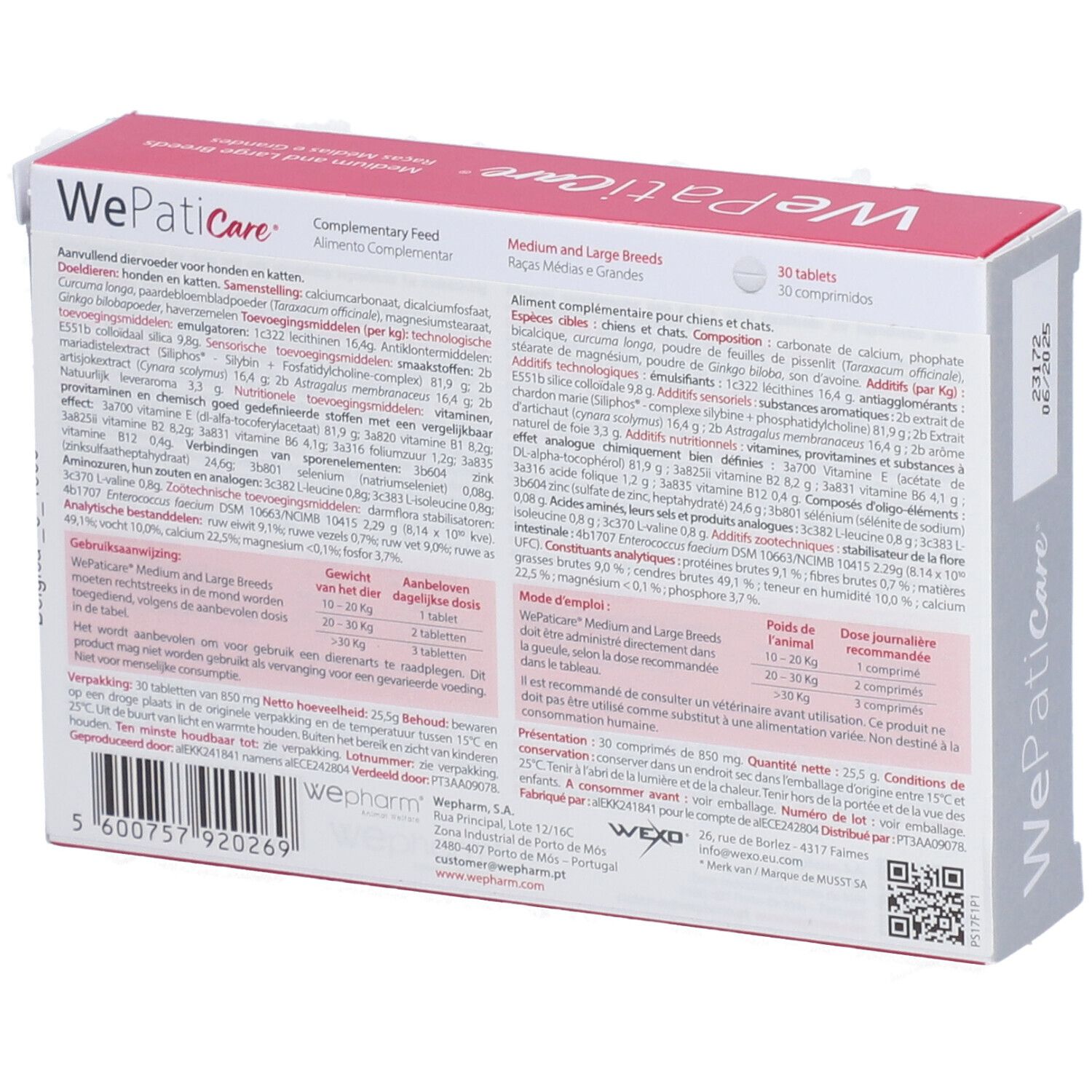 Dos de la boîte "WePatiCare". Contient des informations sur les ingrédients et le dosage.