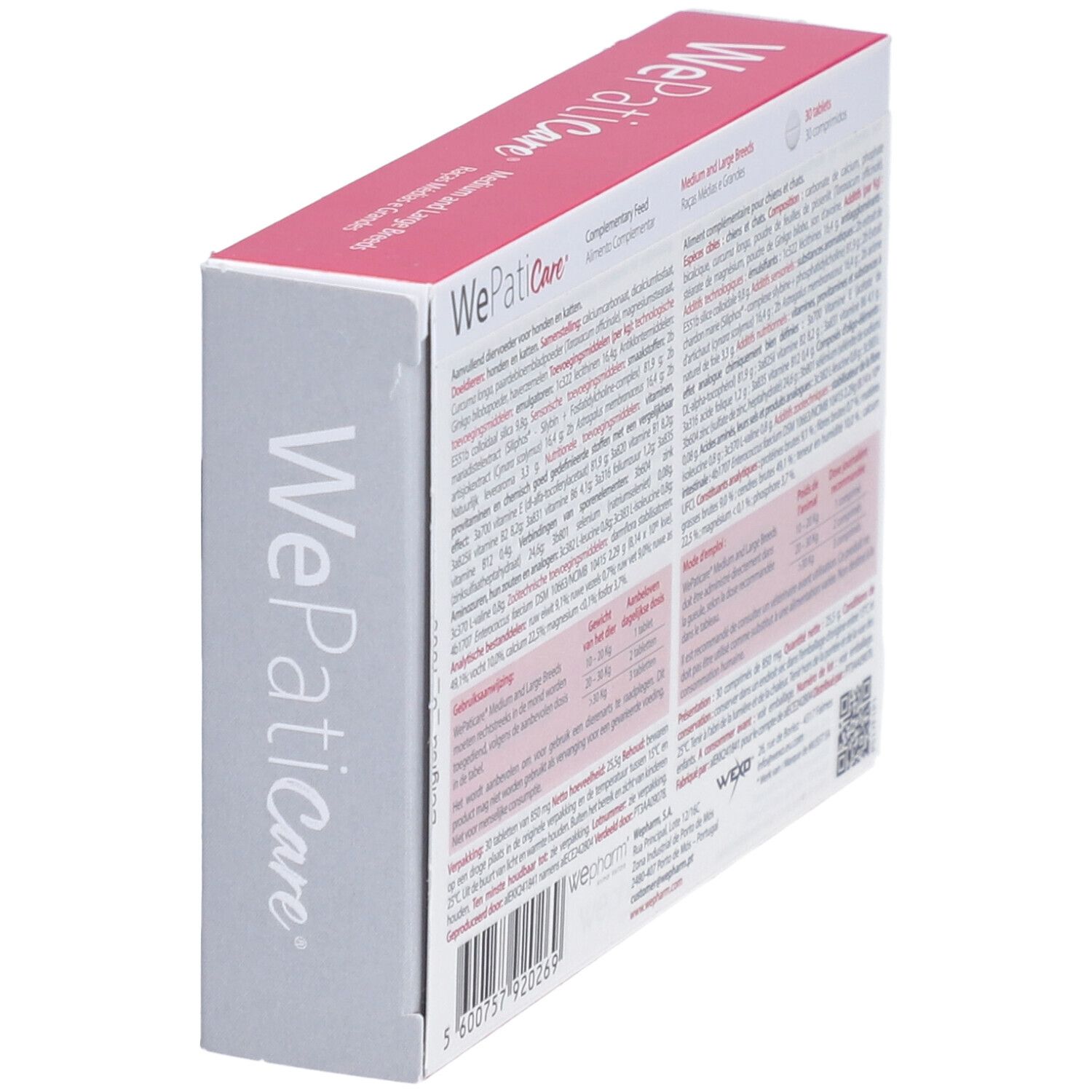 Vue latérale de la boîte "WePatiCare". Contient des informations et un code-barres.