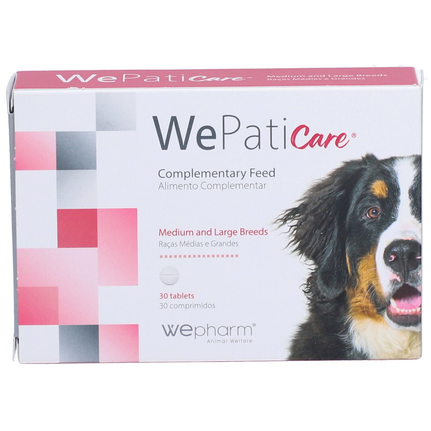 Boîte "WePatiCare" pour chiens de races moyennes et grandes. 30 comprimés. Logo Wepharm.