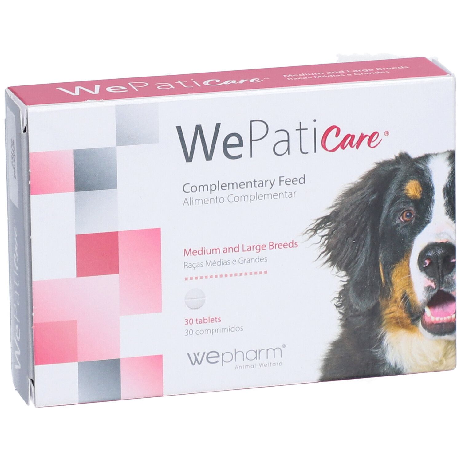 Boîte "WePatiCare" pour chiens de races moyennes et grandes. 30 comprimés. Logo Wepharm.