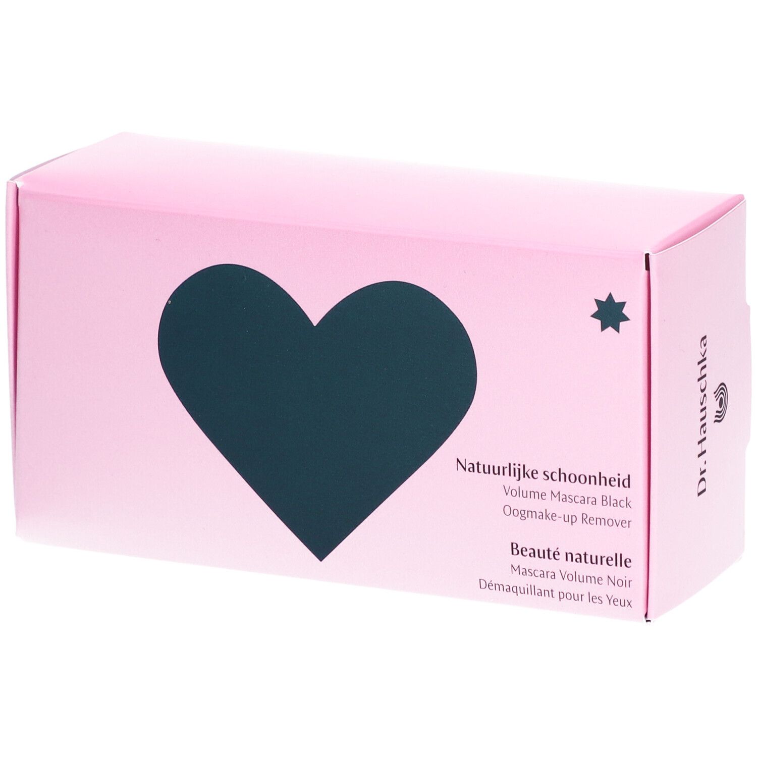 Boîte rose avec cœur noir et étoile. Texte: Dr. Hauschka, Natuurlijke schoonheid, Mascara Volume Noir, Beauté naturelle.