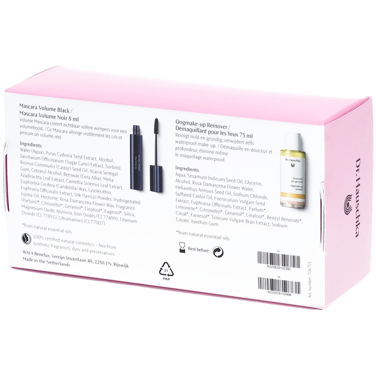 Dos de la boîte rose. Texte: Mascara Volume Noir, Démaquillant pour les yeux, Ingrédients, Logo Dr. Hauschka, Made in the Netherlands.