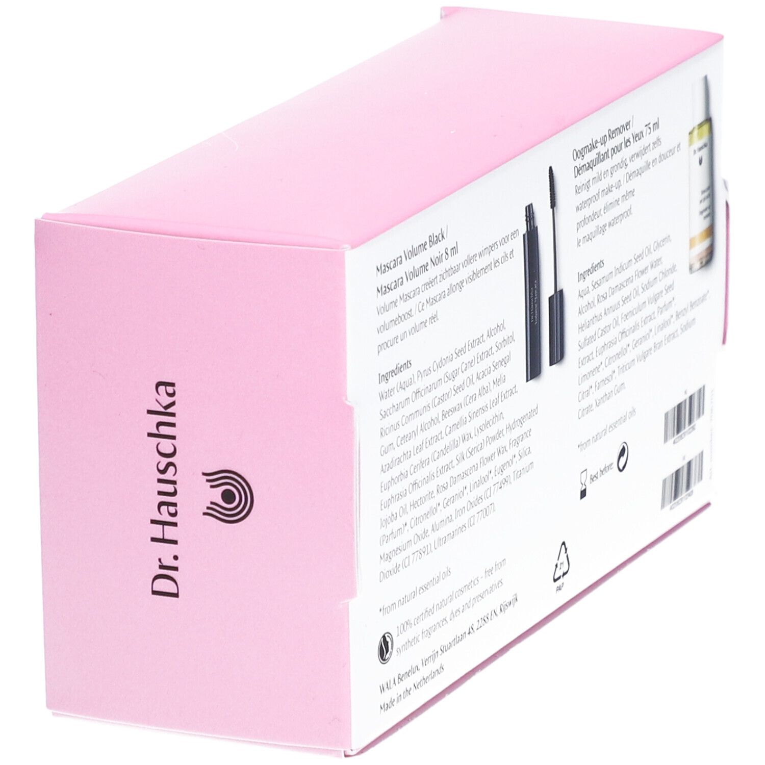 Dos de la boîte rose. Texte: Mascara Volume Noir, Démaquillant pour les yeux, Ingrédients, Logo Dr. Hauschka, Made in the Netherlands.