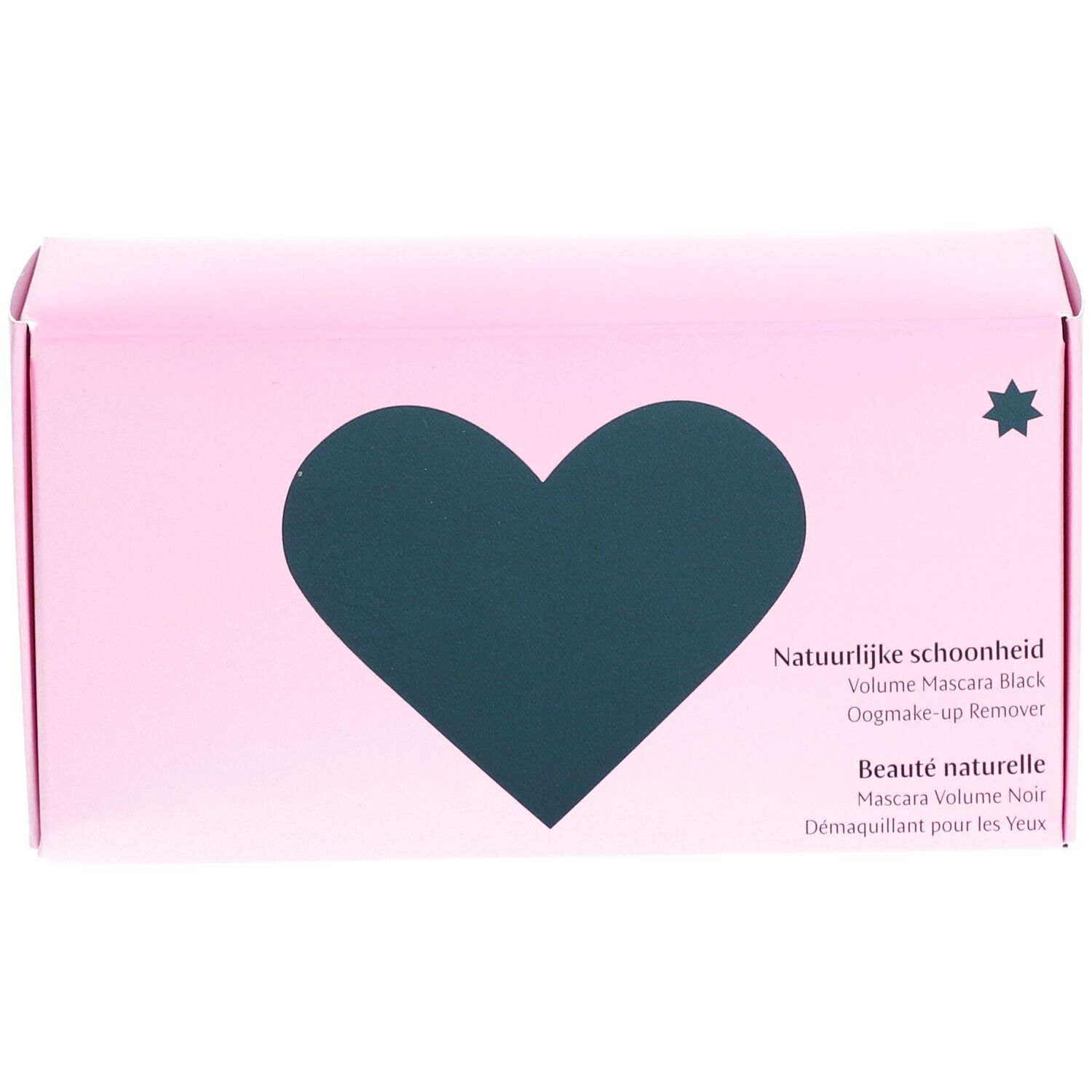 Boîte rose avec cœur noir et étoile. Texte: Natuurlijke schoonheid, Mascara Volume Noir, Beauté naturelle.
