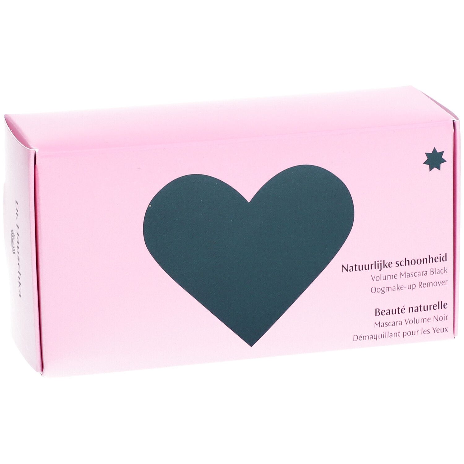 Boîte rose avec cœur noir et étoile. Texte: Natuurlijke schoonheid, Mascara Volume Noir, Beauté naturelle.