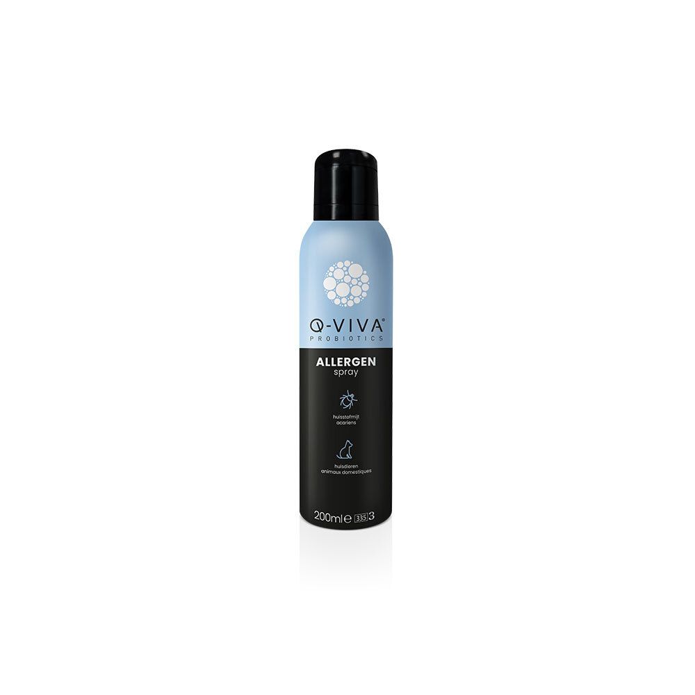 Lichtblauwe en zwarte sprayfles. Q-VIVA Probiotics Allergen Spray. Symbolen: huisstofmijt, huisdieren. 200ml.