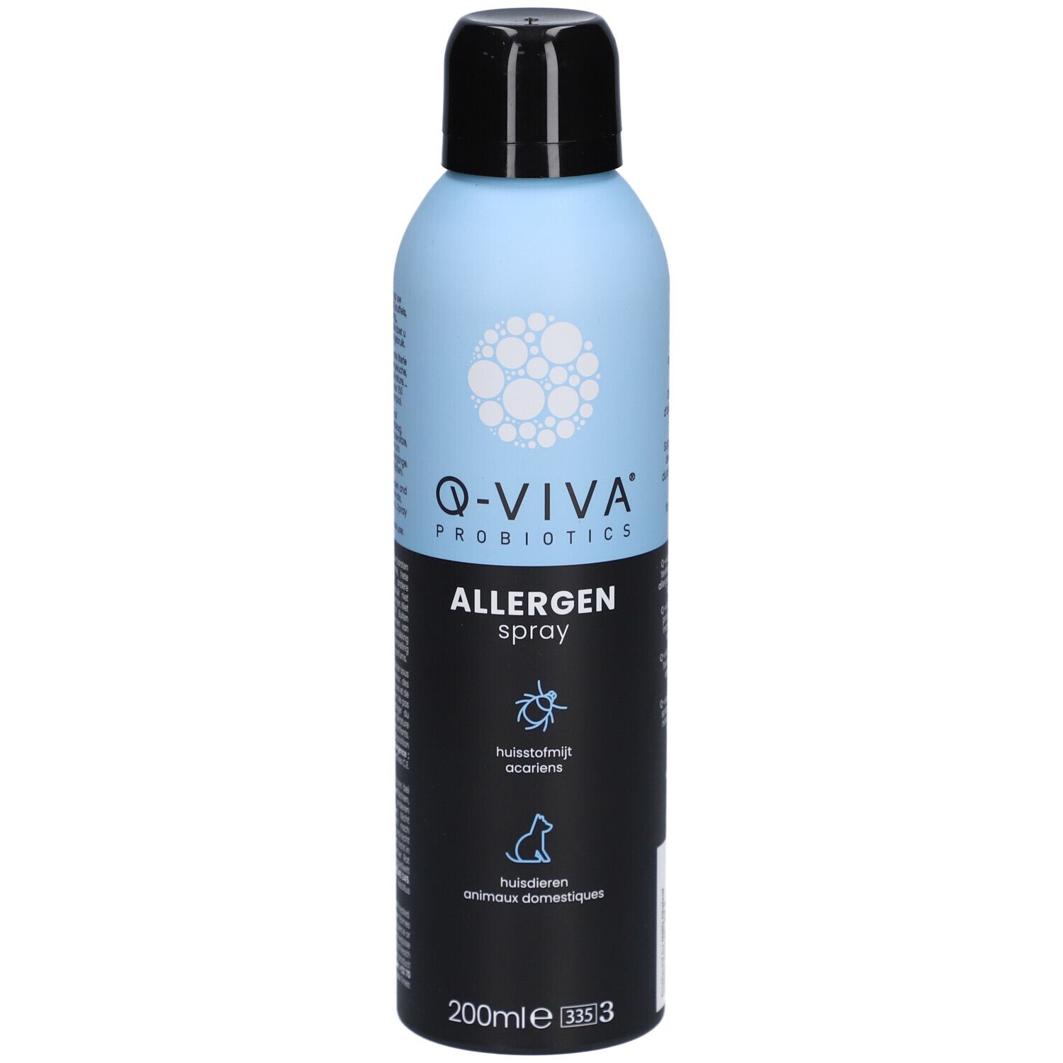 Lichtblauwe en zwarte sprayfles. Q-VIVA Probiotics Allergen Spray. Symbolen: huisstofmijt, huisdieren. 200ml.
