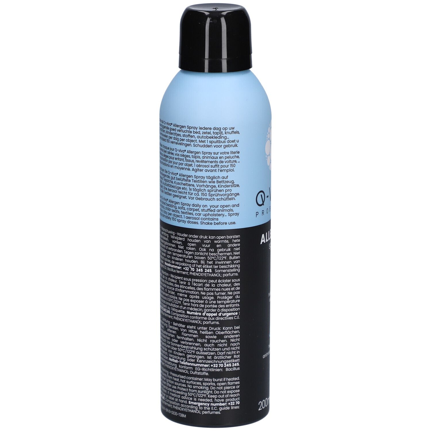 Achterkant van de sprayfles. Tekst in het Duits, inclusief gebruik. Q-VIVA Probiotics Allergen Spray. 200ml. Barcode.