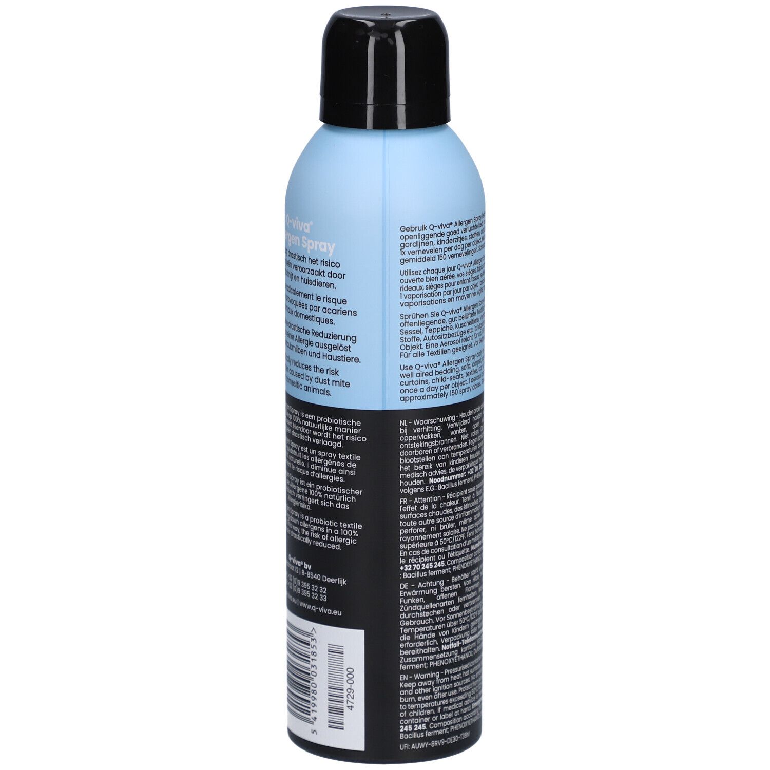 Achterkant van de sprayfles. Tekst in het Duits, inclusief gebruik. Q-VIVA Probiotics Allergen Spray. 200ml. Barcode.