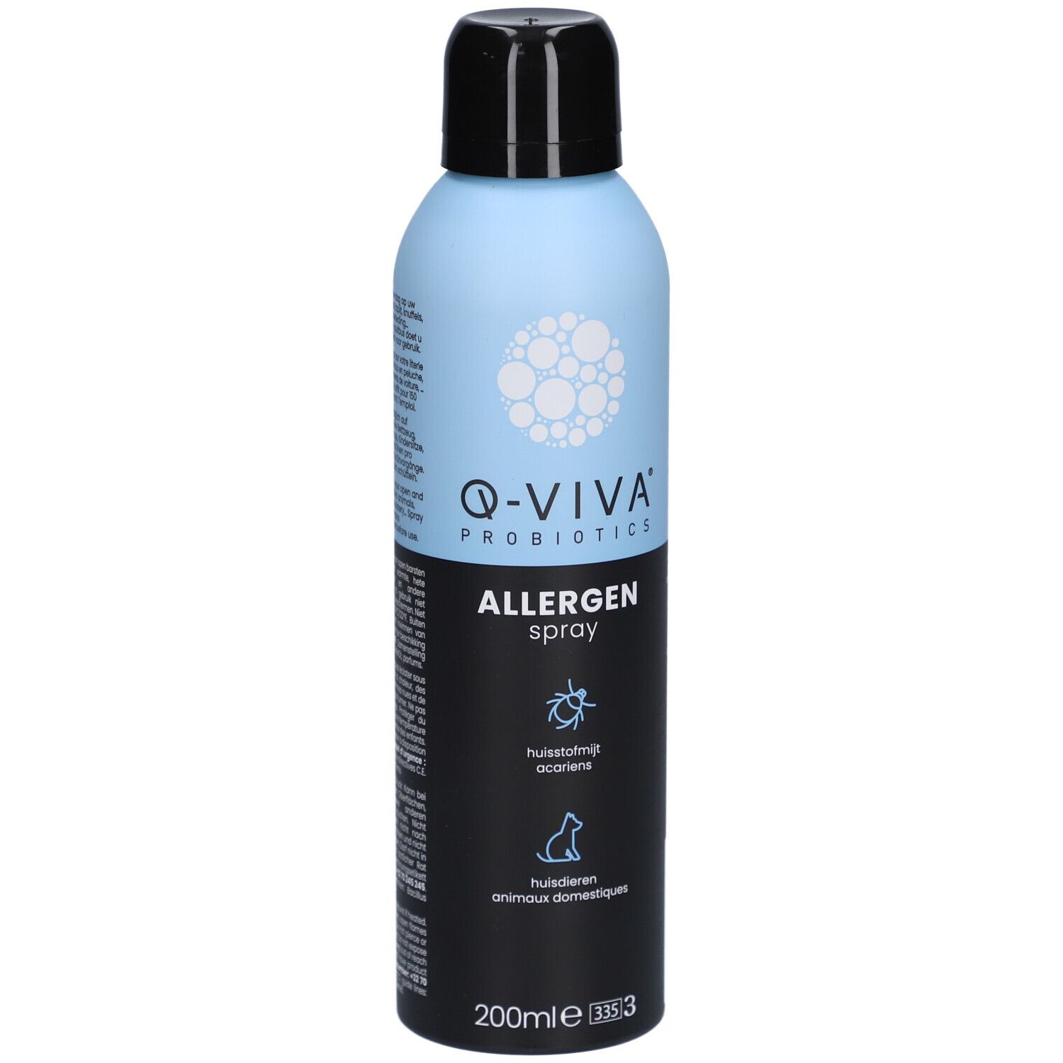 Lichtblauwe en zwarte sprayfles. Q-VIVA Probiotics Allergen Spray. Symbolen: huisstofmijt, huisdieren. 200ml.