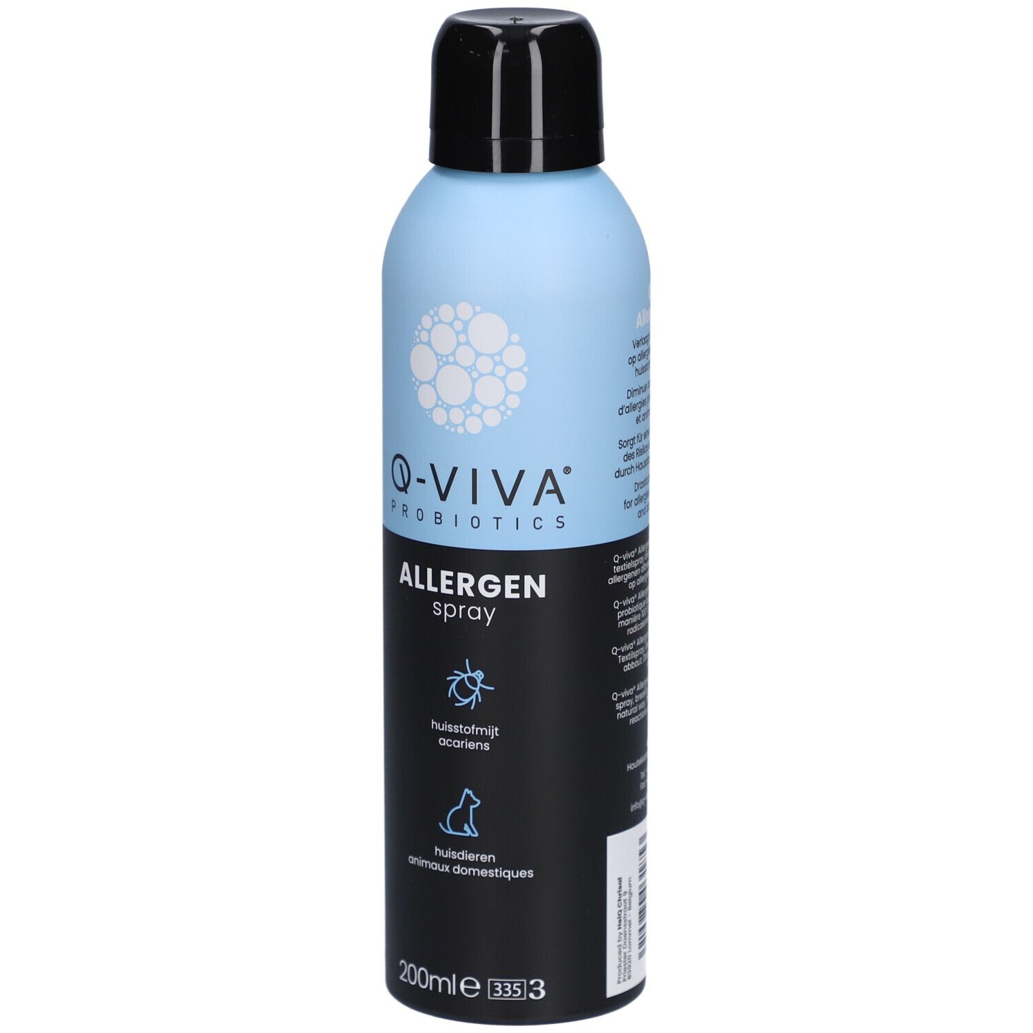 Lichtblauwe en zwarte sprayfles. Q-VIVA Probiotics Allergen Spray. Symbolen: huisstofmijt, huisdieren. 200ml.