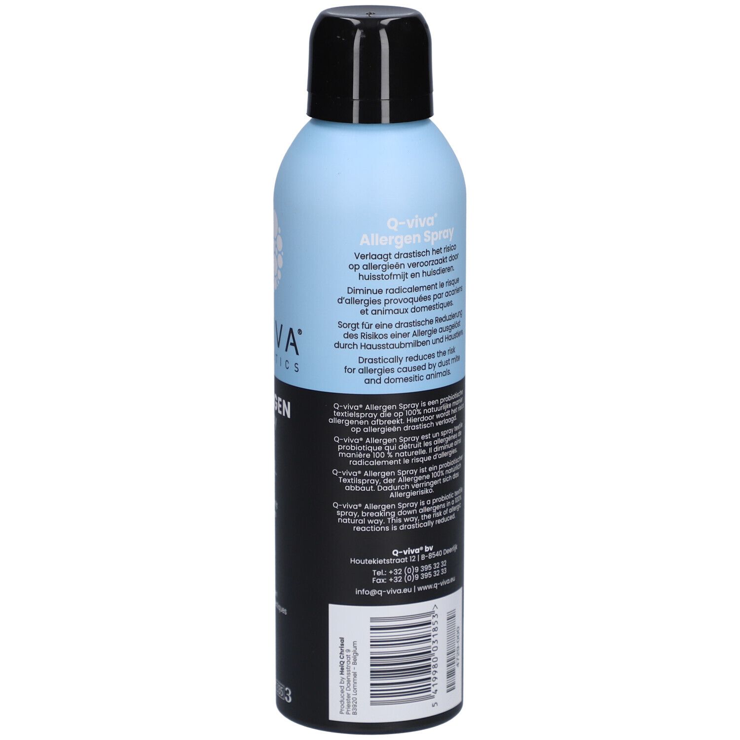 Achterkant van de sprayfles. Tekst in het Duits, inclusief gebruik. Q-VIVA Probiotics Allergen Spray. 200ml. Barcode.