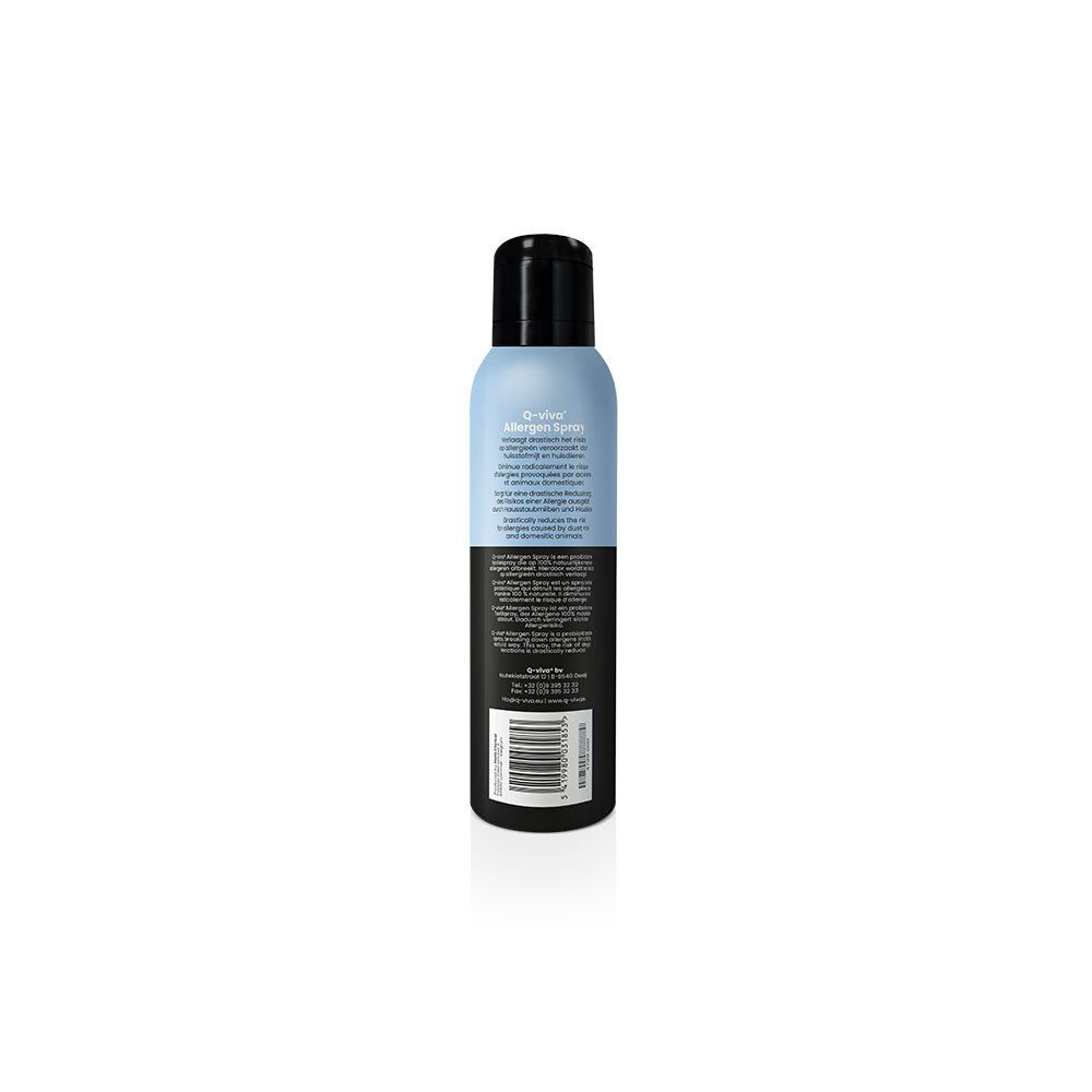 Achterkant van de sprayfles. Tekst in het Duits, inclusief gebruik. Q-VIVA Probiotics Allergen Spray. 200ml. Barcode.