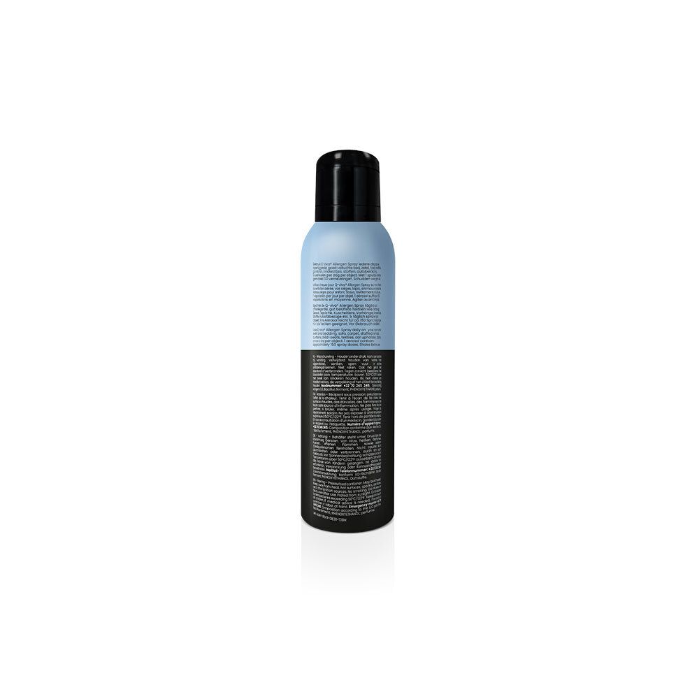 Achterkant van de sprayfles. Tekst in het Duits, inclusief gebruik. Q-VIVA Probiotics Allergen Spray. 200ml. Barcode.
