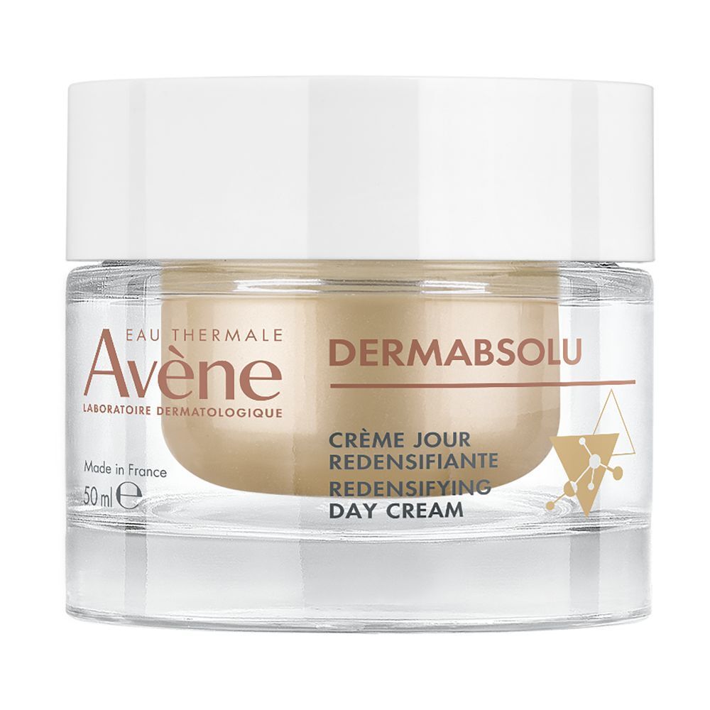 Crèmepot met witte deksel. Opschrift: Avène Eau Thermale Dermabsolu. Crème Jour Redensifiante.
