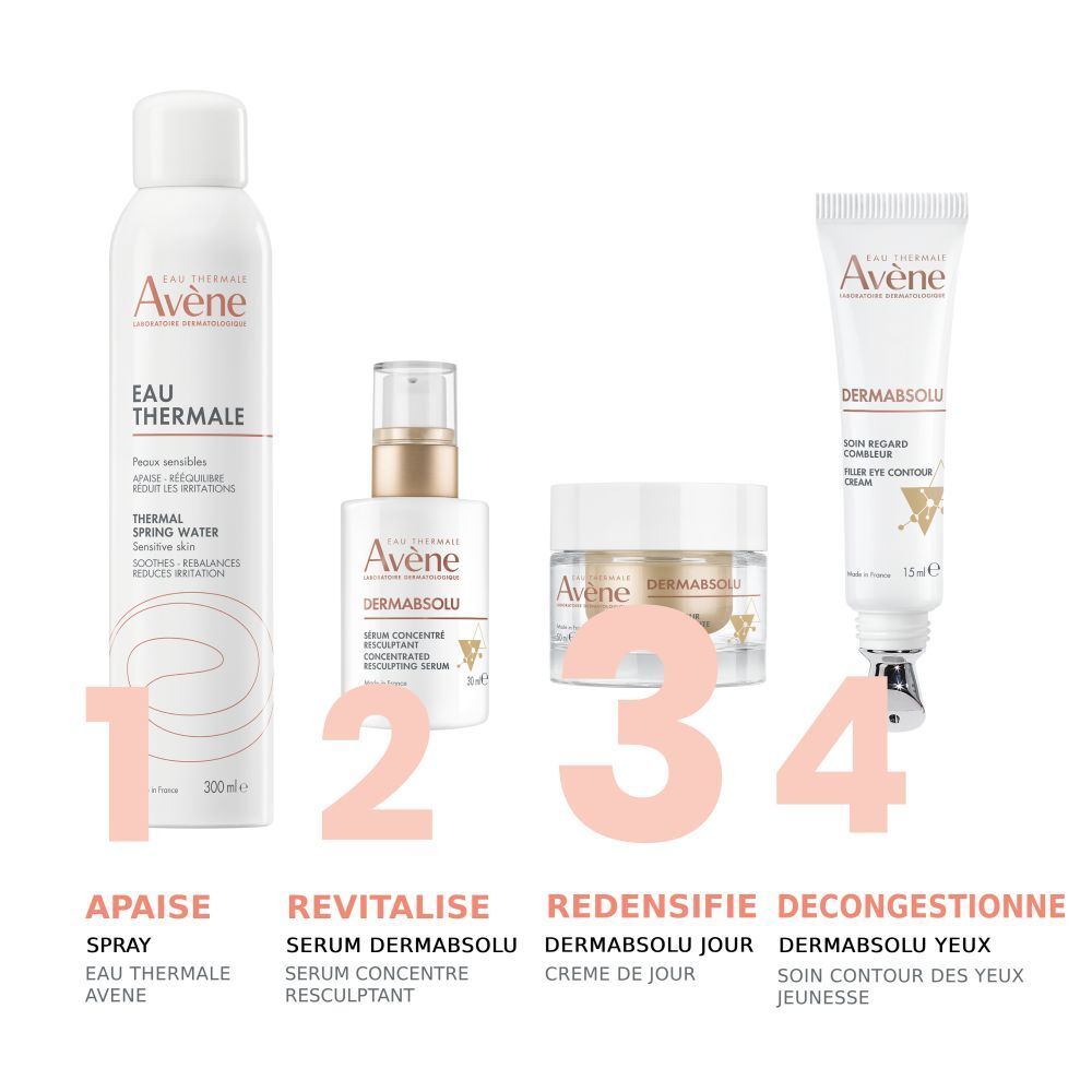 Pot de crème Avène Dermabsolu. Inscription: Eau Thermale, Crème Jour Redensifiante. Couvercle blanc.