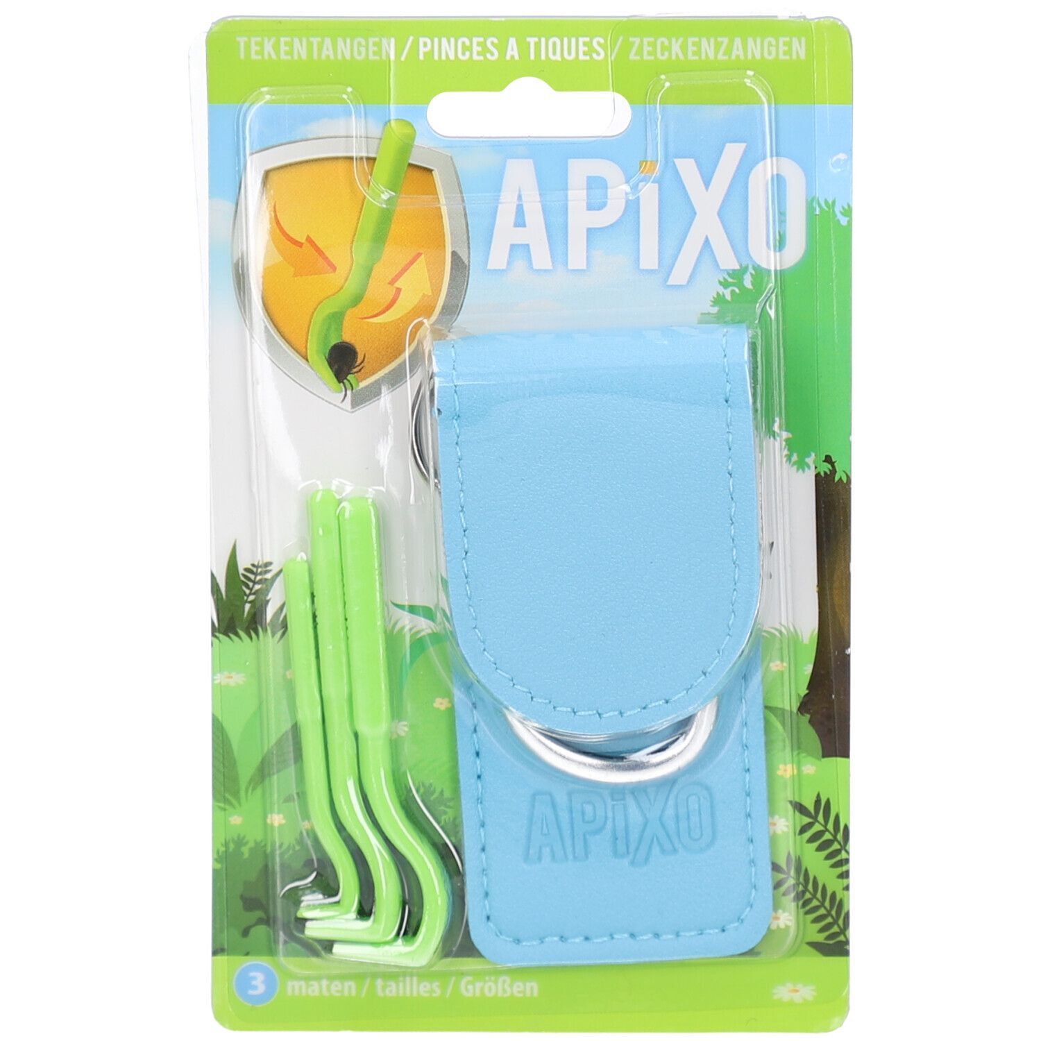 Grüne Zeckenhaken und blaue Aufbewahrungstasche mit Metallring. Verpackung mit Produktabbildung und Markenlogo.