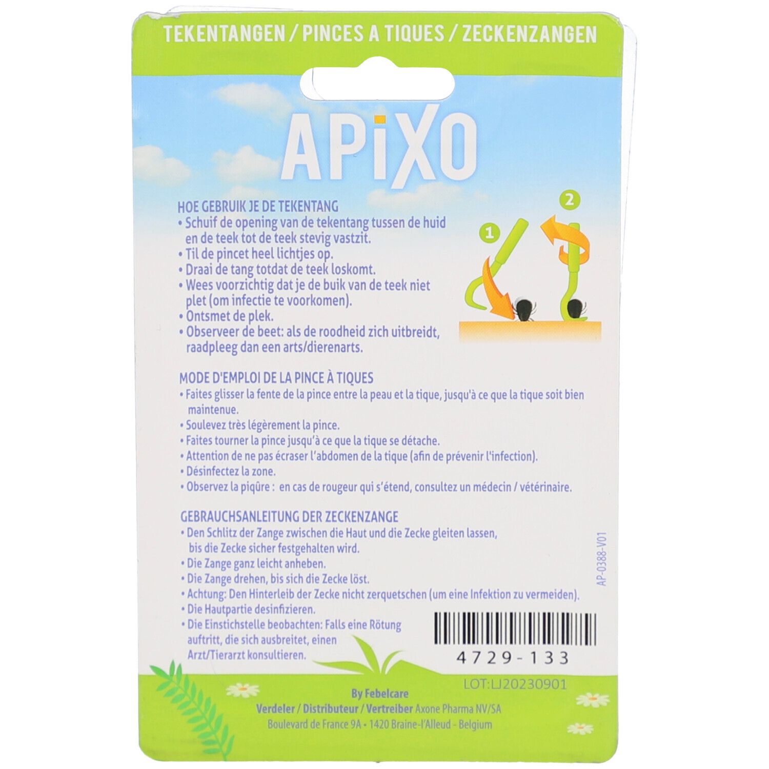Rückseite der Verpackung mit Produktnamen, Gebrauchsanweisung in mehreren Sprachen und Illustrationen.