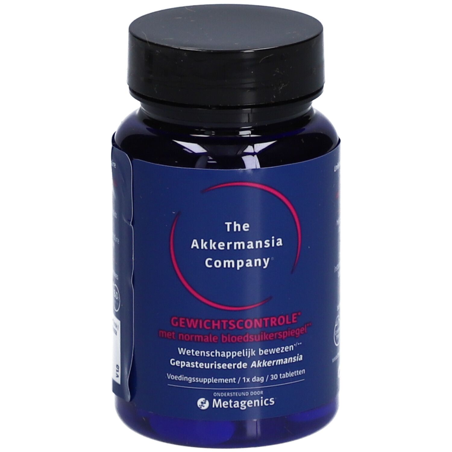 Blauwe fles met zwarte dop. Opschrift: "The Akkermansia Company". Tekst: "Gewichtscontrole".