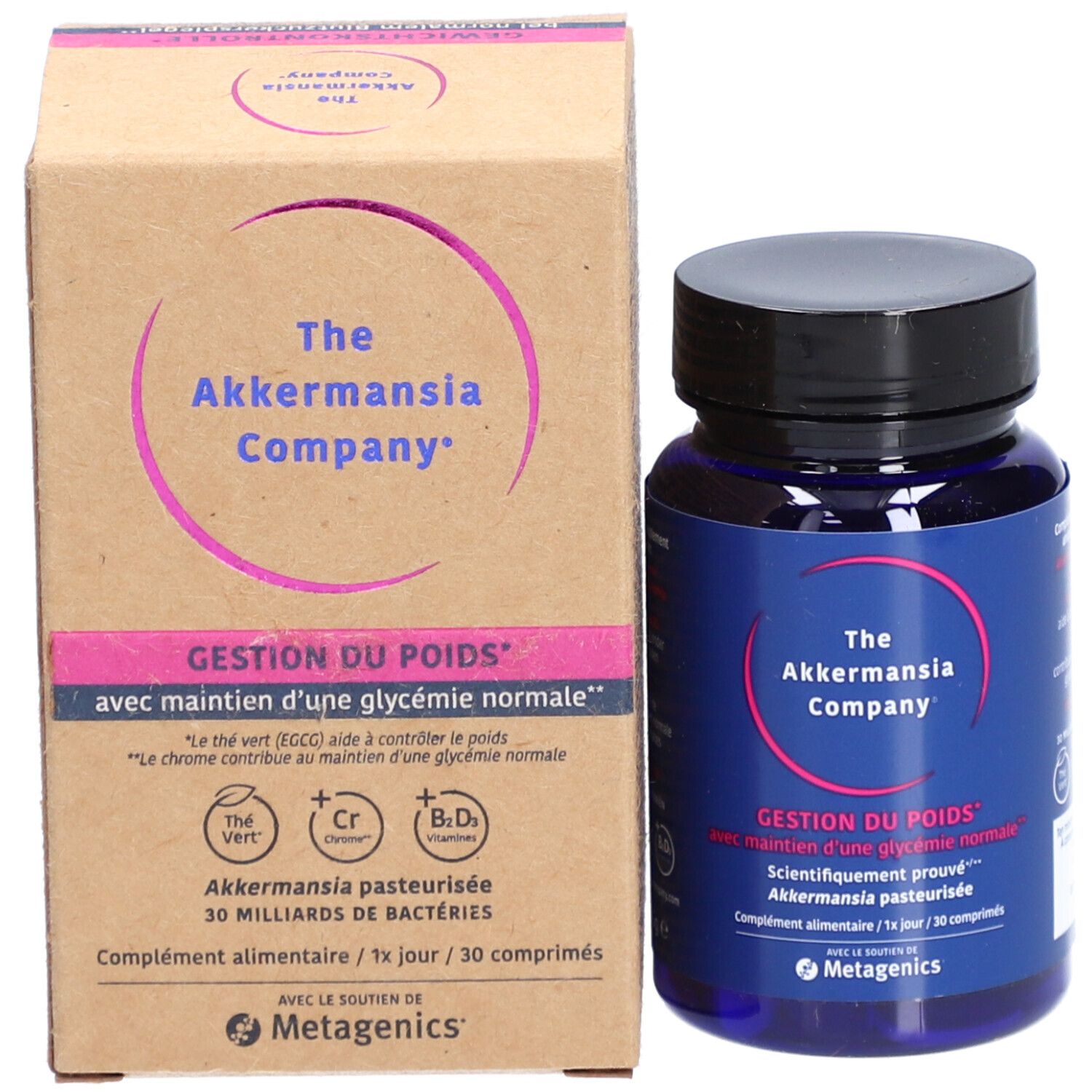 Bruine doos en blauwe fles. Op de doos en fles staat "The Akkermansia Company".