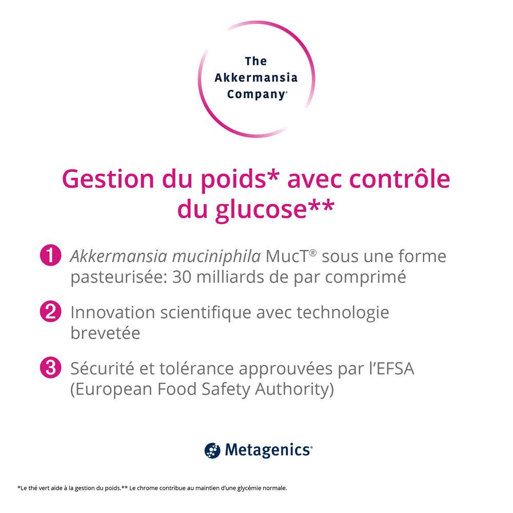 Boîte en carton avec inscription: The Akkermansia Company. Gestion du poids. Avec Akkermansia pasteurisé.