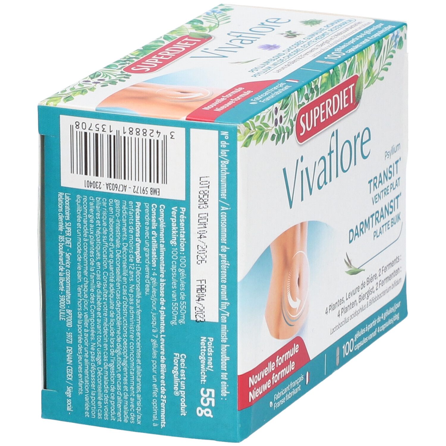 Verpakking Vivaflore. Achterkant met informatie, barcode en vervaldatum. Superdiet-logo. 55g.