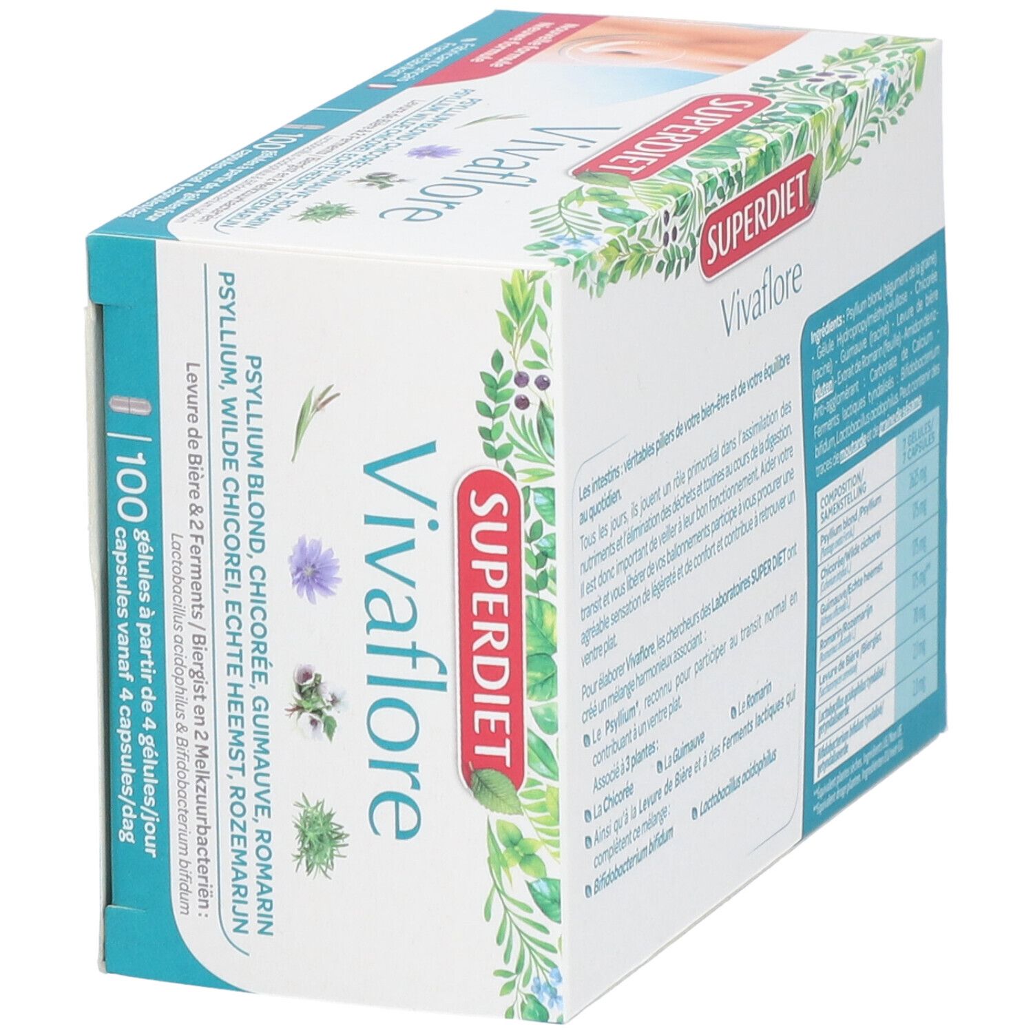 Verpakking Vivaflore. Zijaanzicht met productnaam en ingrediënten. Superdiet-logo. Franse tekst.