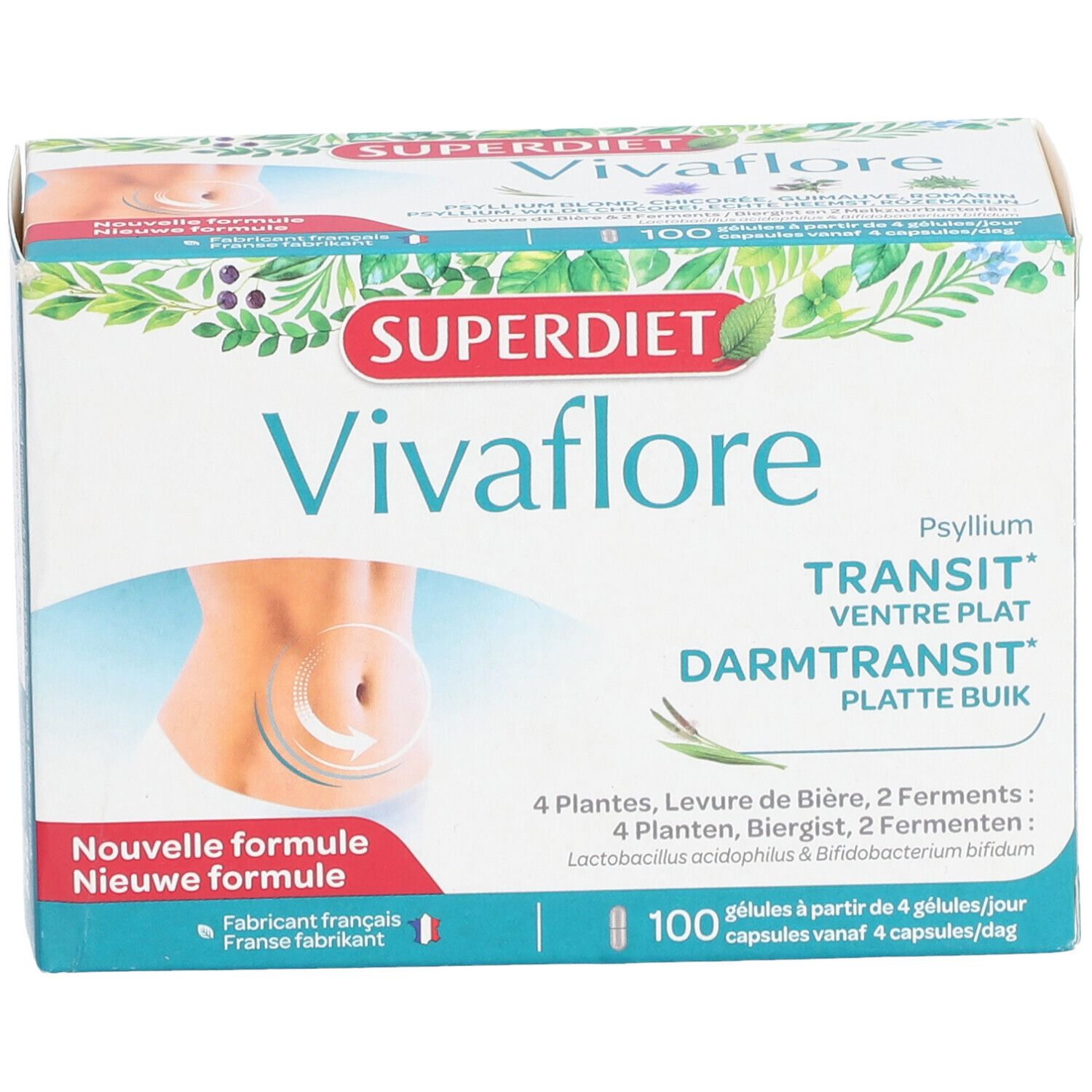 Doos Vivaflore Superdiet. Illustratie van een buik. Opschrift: Transit, 100 capsules. Nieuwe formule. Gemaakt in Frankrijk.