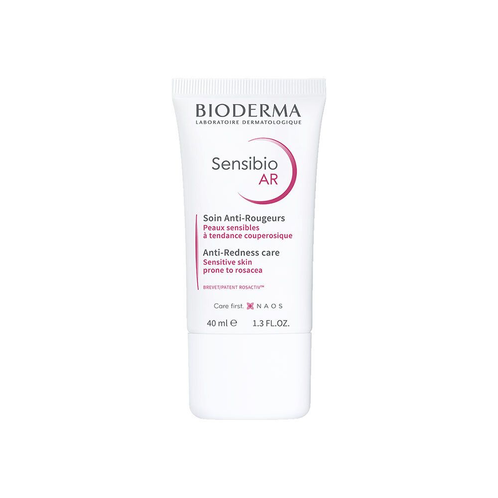 Tube de crème blanche avec détails roses. Inscriptions: BIODERMA, Sensibio AR, Soin Anti-Rougeurs. 40 ml.