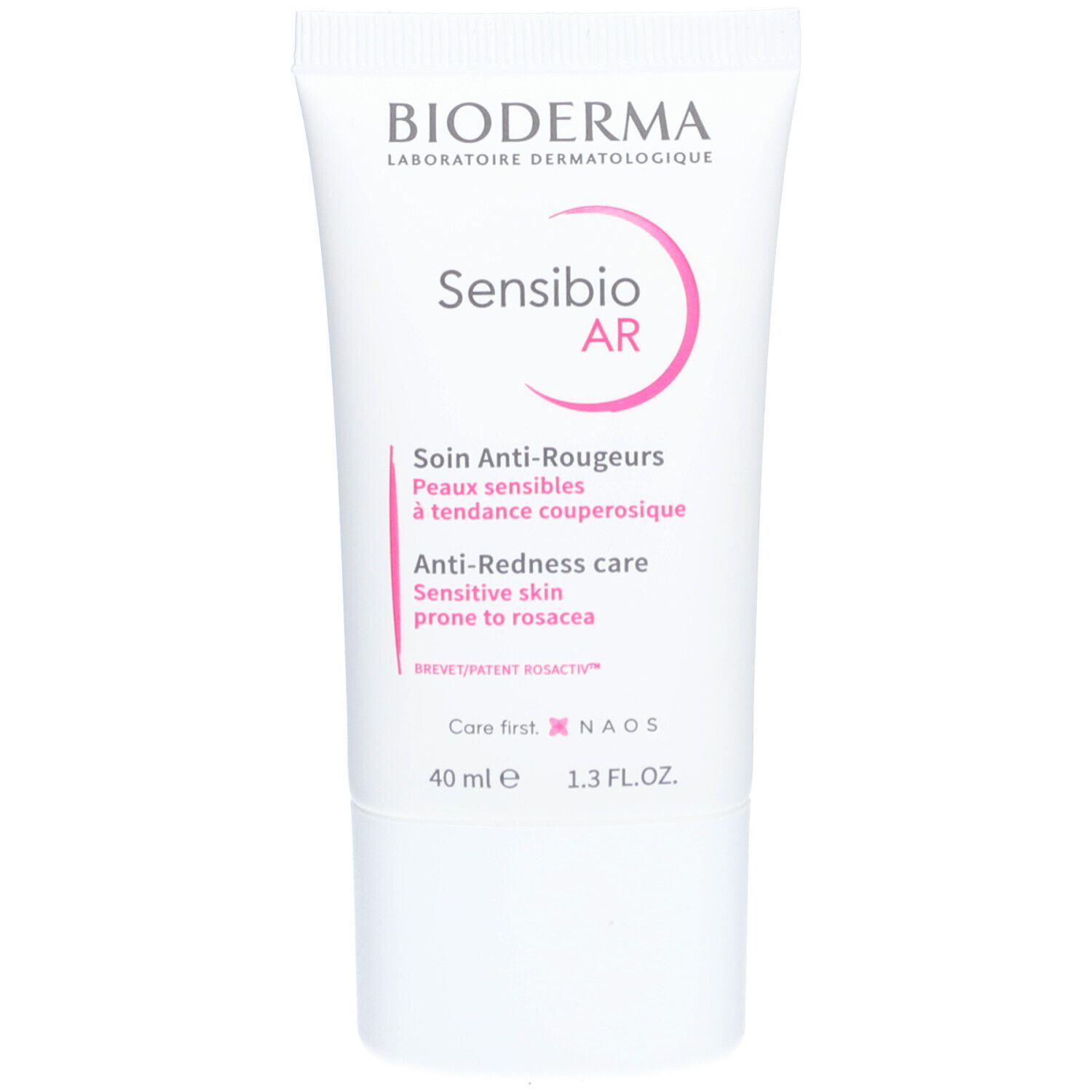 Tube de crème blanche avec détails roses. Inscriptions: BIODERMA, Sensibio AR, Soin Anti-Rougeurs. 40 ml.
