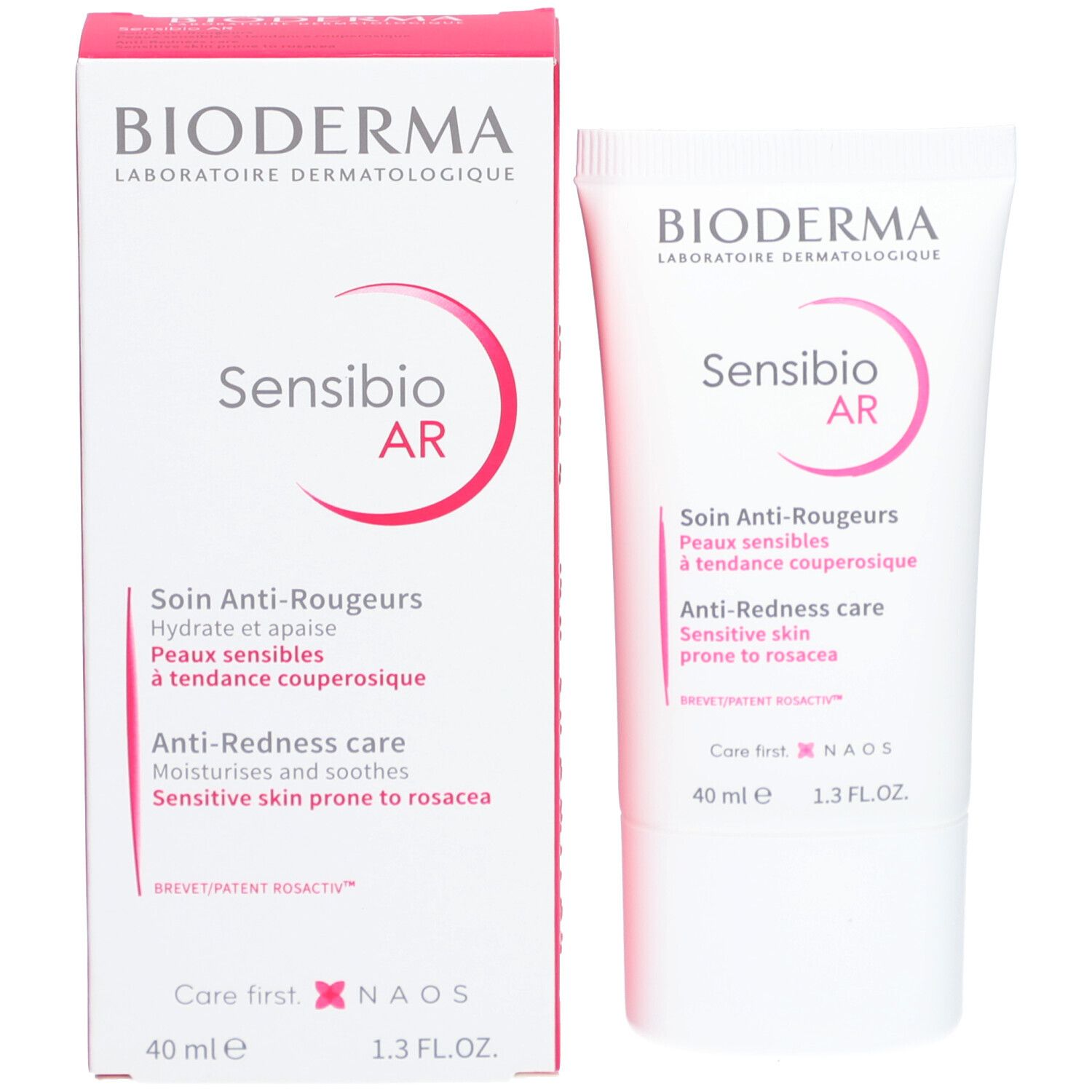 Emballage du produit: tube et boîte. Blanc avec détails roses. Inscriptions: BIODERMA, Sensibio AR.