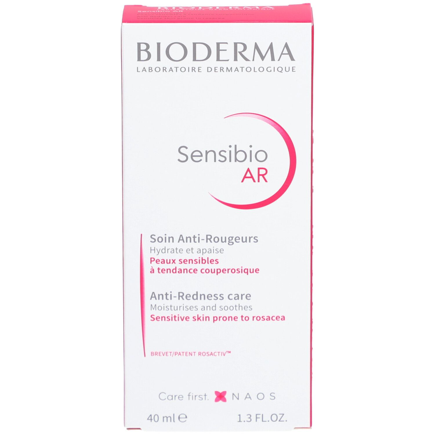 Boîte en carton, blanche avec détails roses. Inscriptions: BIODERMA, Sensibio AR, Soin Anti-Rougeurs. 40 ml.