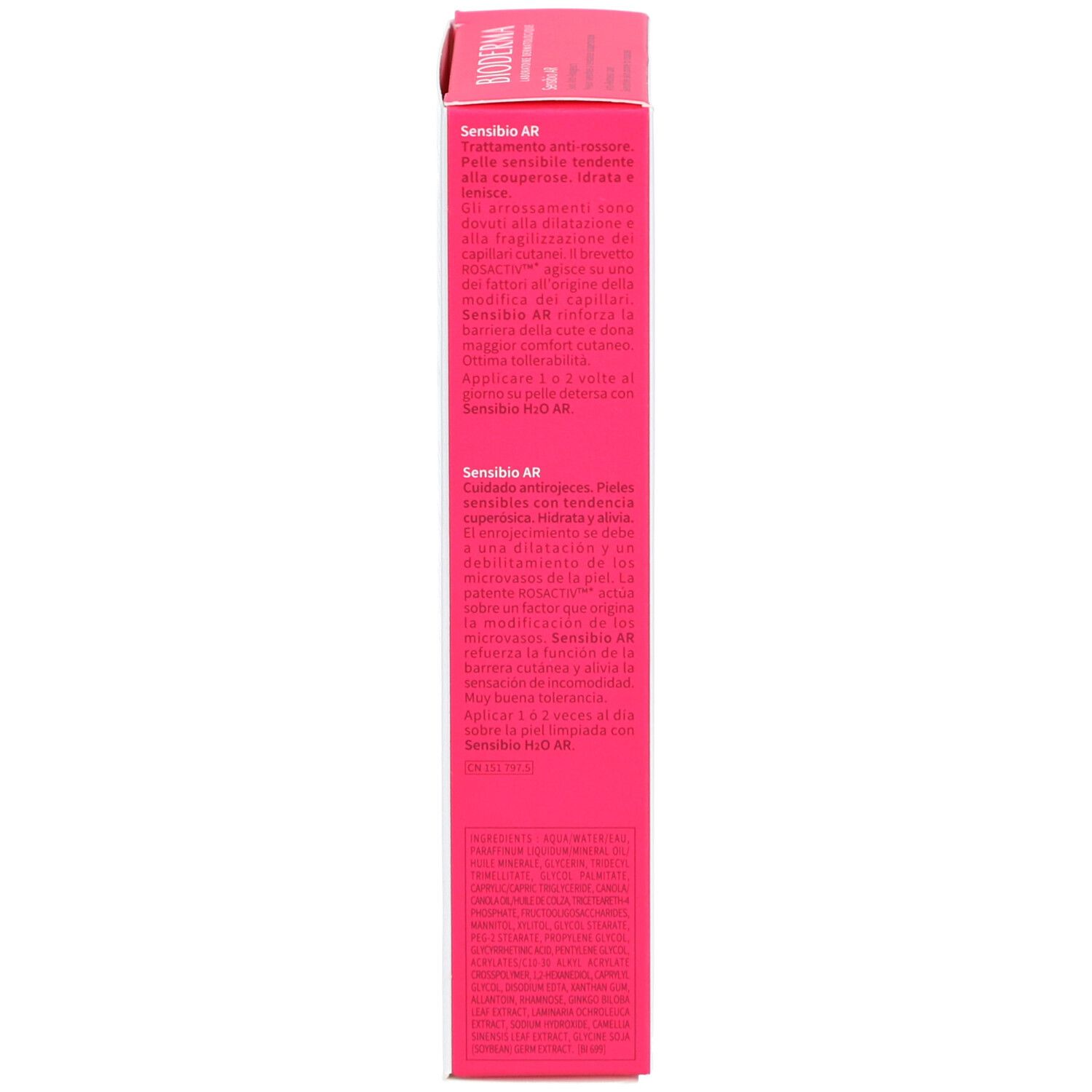 Vue latérale de la boîte en carton. Texte multilingue. Informations sur le produit.
