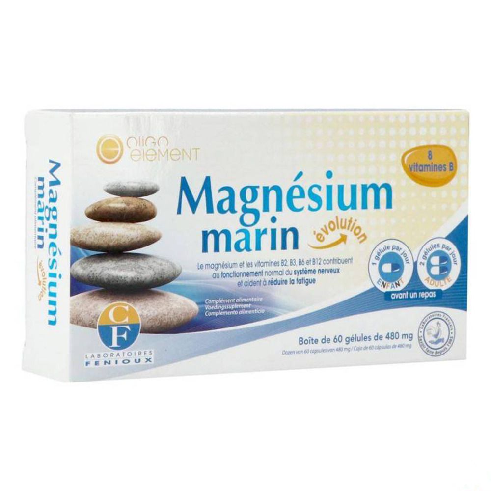 Doos Magnesium marin évolution. Bevat 60 capsules. 8 B-vitamines. Merk: Oligo Element.