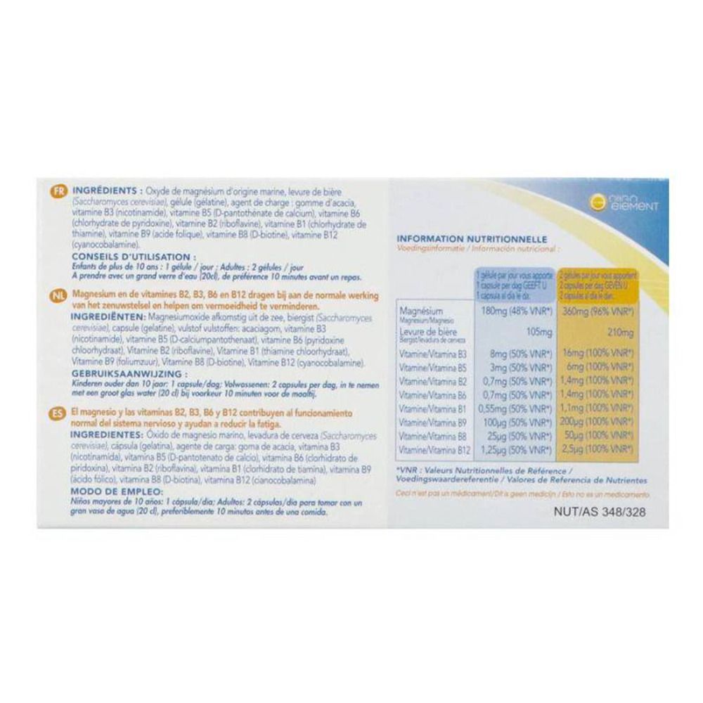 Achterkant van de verpakking Magnesium marin évolution. Bevat informatie over ingrediënten en voedingswaarde.