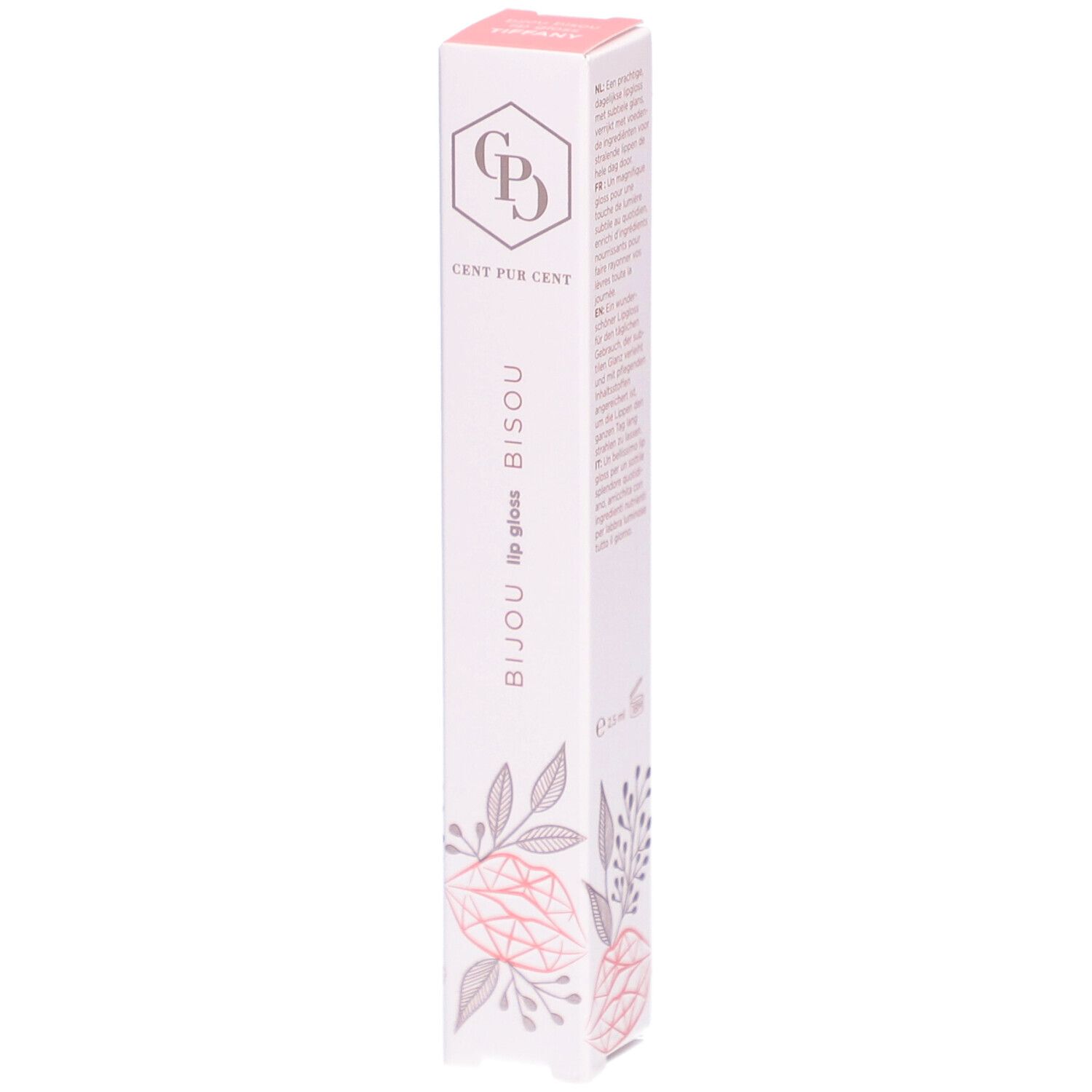 Boîte de gloss. Inscription : Cent Pur Cent, Bijou lip gloss Bisou. Motifs floraux roses et gris.