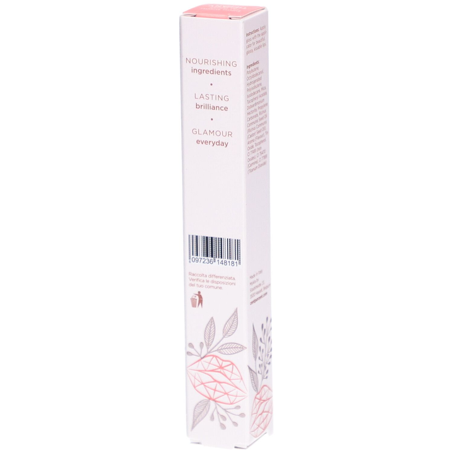 Dos de la boîte de gloss. Code-barres, texte : Nourishing ingredients, Lasting brilliance, Glamour everyday. Motifs floraux.