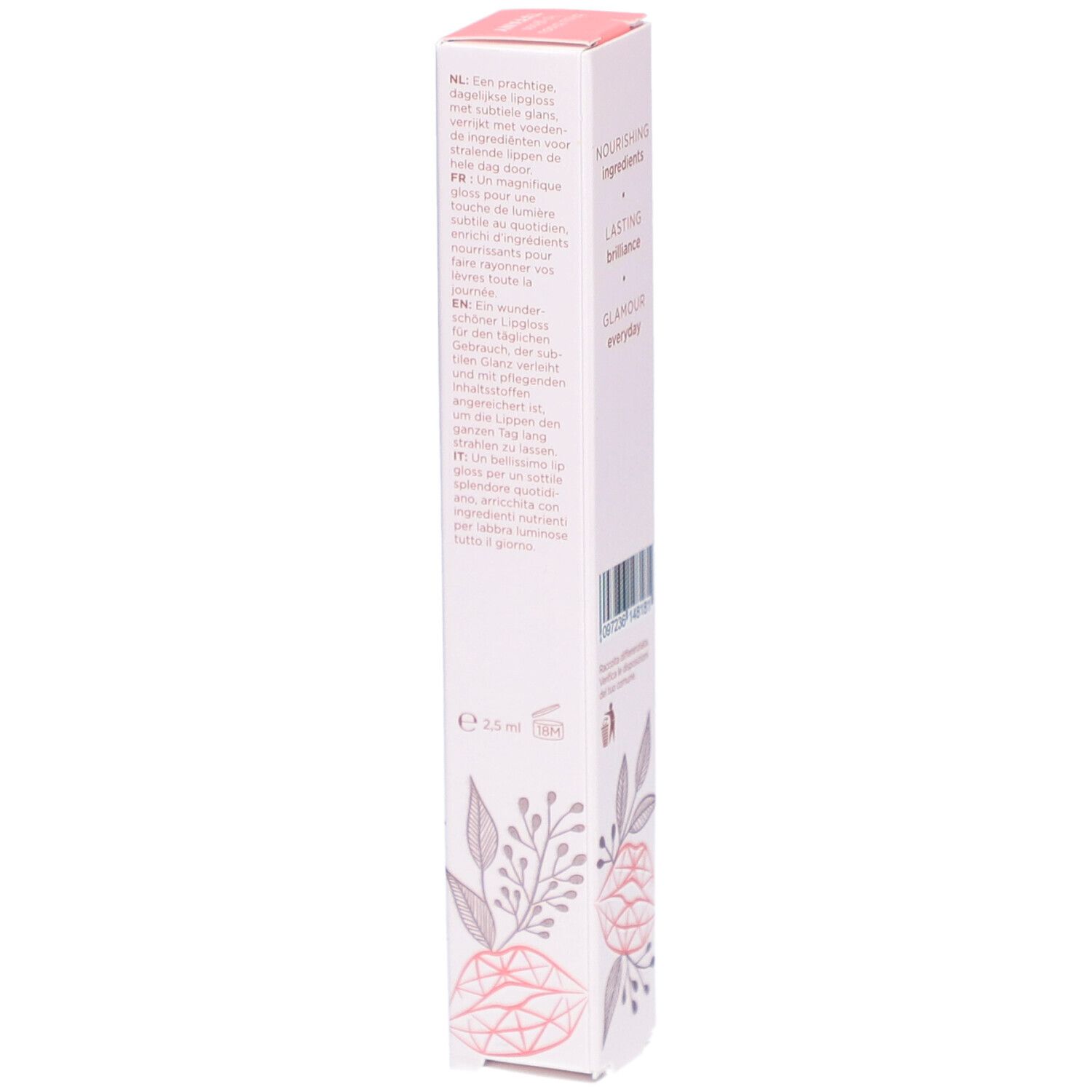 Côté de la boîte de gloss. Texte en allemand, néerlandais, français. Code-barres. Motifs floraux.