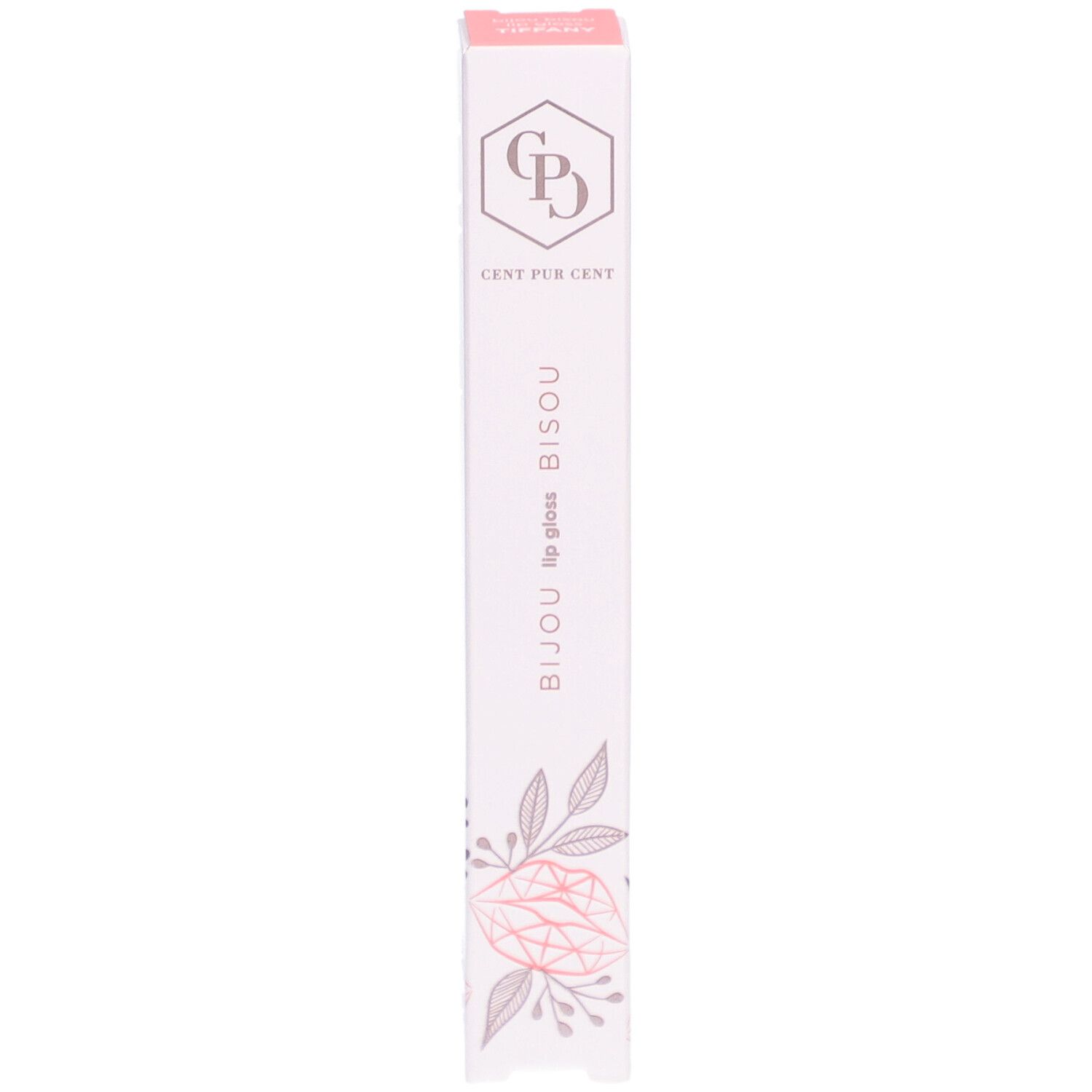 Boîte de gloss. Inscription : Cent Pur Cent, Bijou lip gloss Bisou. Motifs floraux roses et gris.