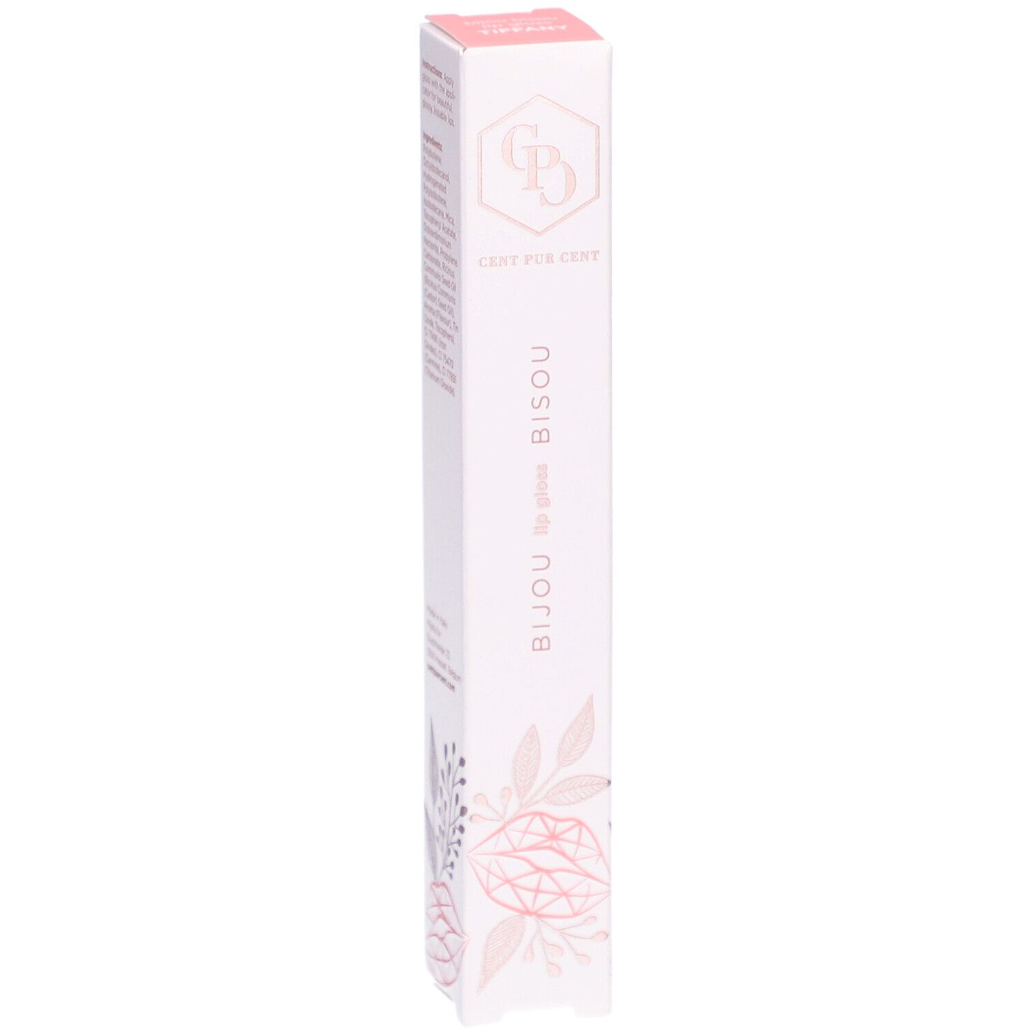 Boîte de gloss. Inscription : Cent Pur Cent, Bijou lip gloss Bisou. Motifs floraux roses et gris.