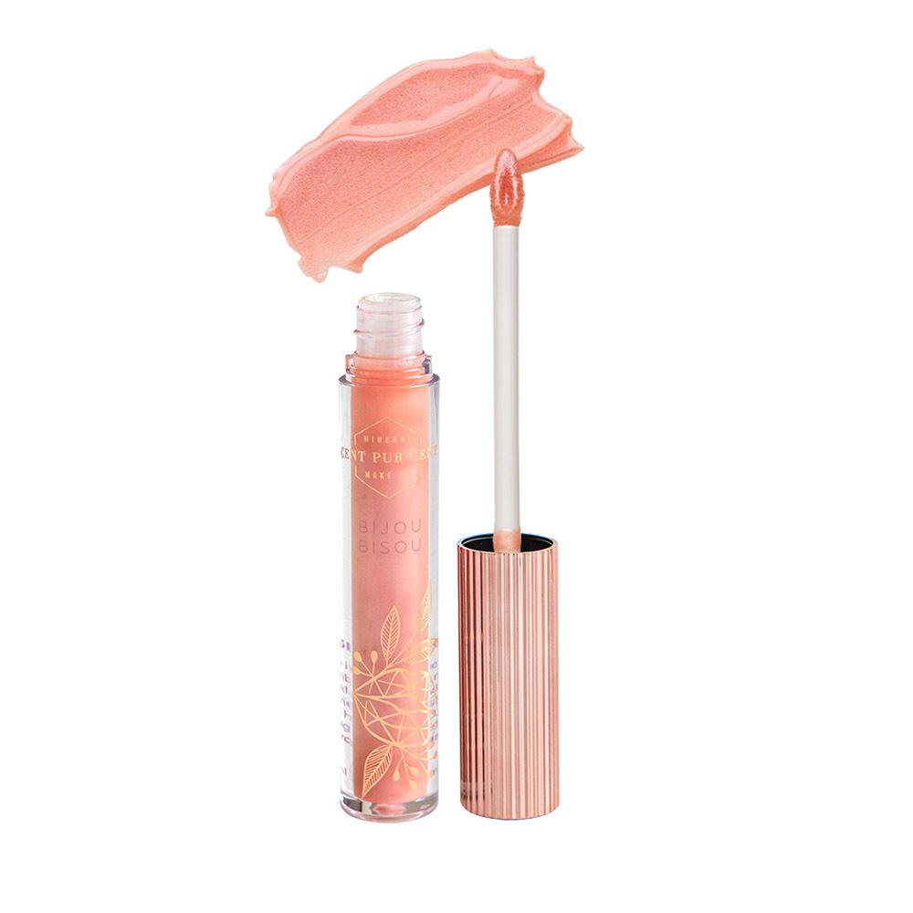 Tube de gloss avec applicateur et bouchon or rose. Éclaboussure de gloss. Inscription : Cent Pur Cent, Bijou lip gloss Bisou.