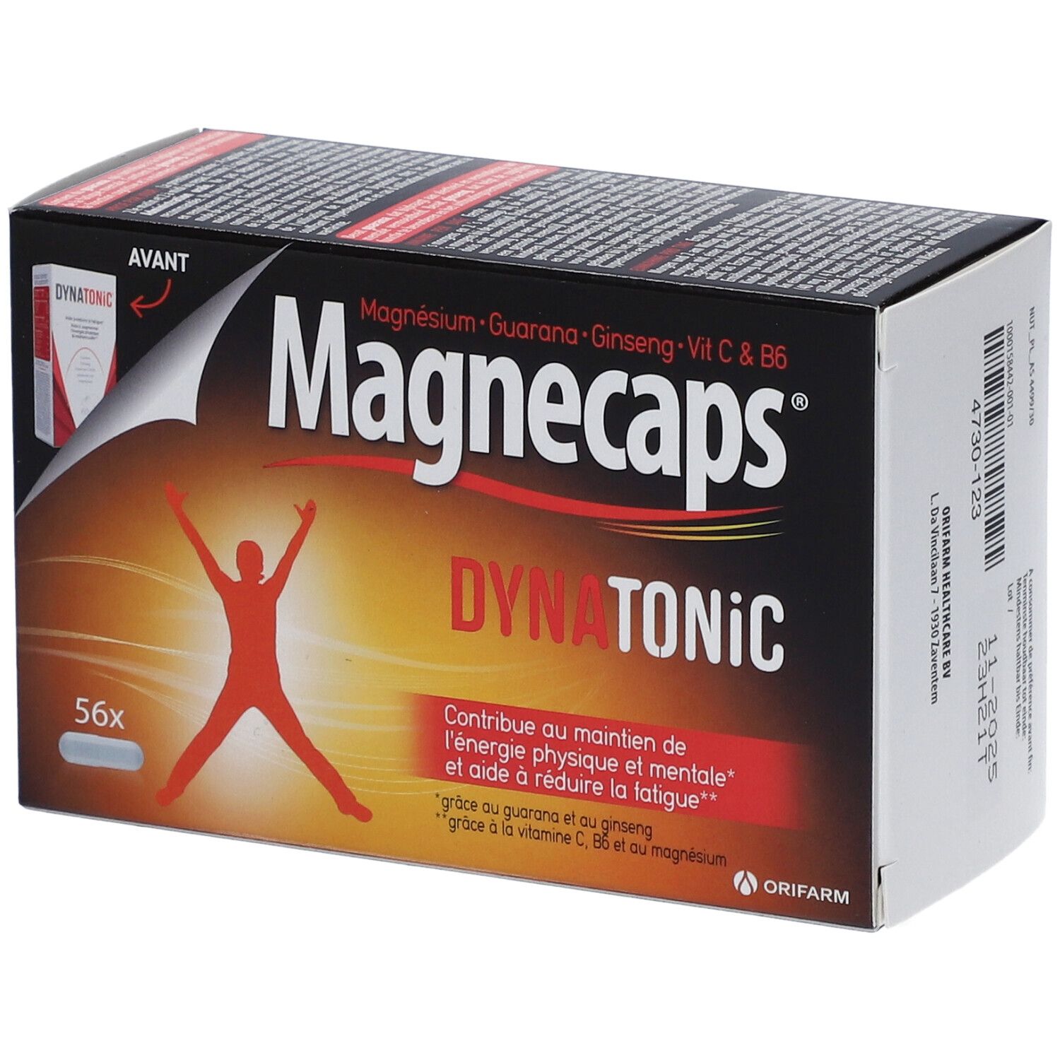 Boîte de Magnecaps Dynatonic. Contient 56 gélules. Inscription: Magnésium, Guarana, Ginseng, Vit C & B6. Silhouette rouge d'une personne.