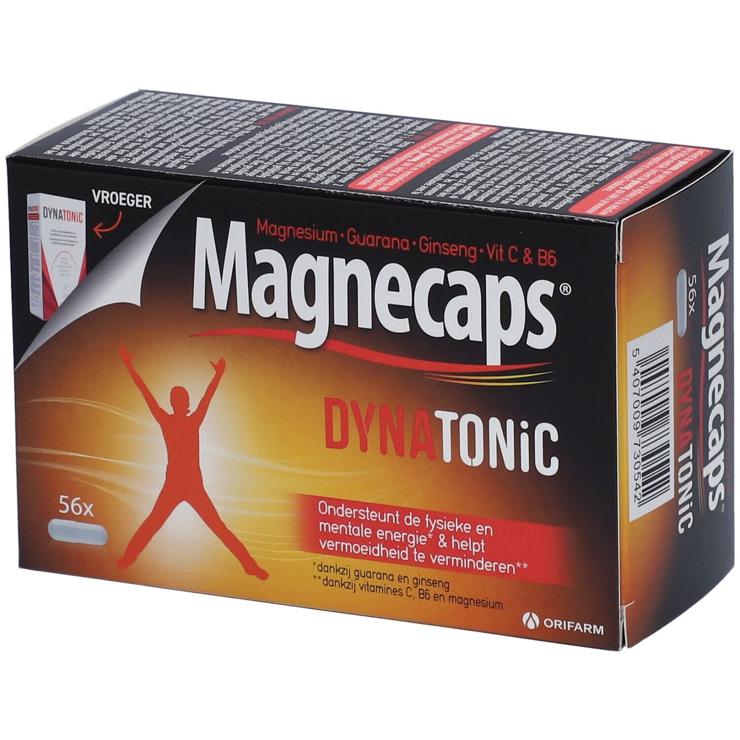 Boîte de Magnecaps Dynatonic, 56 gélules. Inscription: Magnésium, Guarana, Ginseng, Vit C & B6. Silhouette rouge d'une personne. AVANT.
