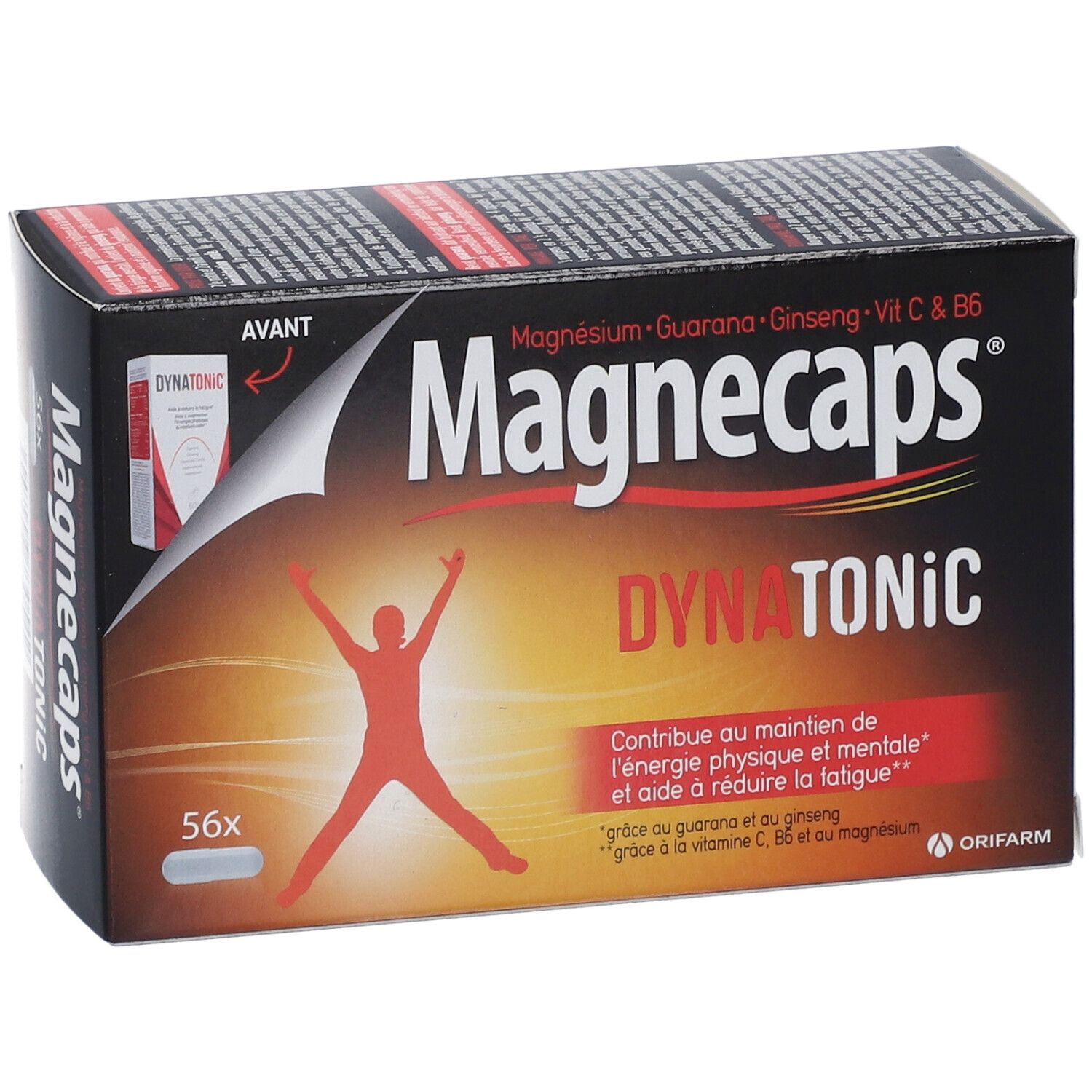 Boîte de Magnecaps Dynatonic, 56 gélules. Inscription: Magnésium, Guarana, Ginseng, Vit C & B6. Silhouette rouge d'une personne. AVANT.