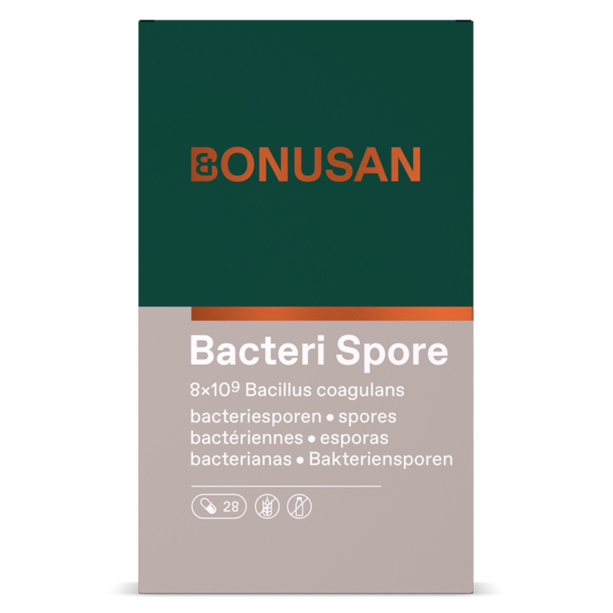 Bonusan Bacteri Spore Verpackung, Vorderseite mit 28 Kapseln und 8x10⁹ Bakterien.